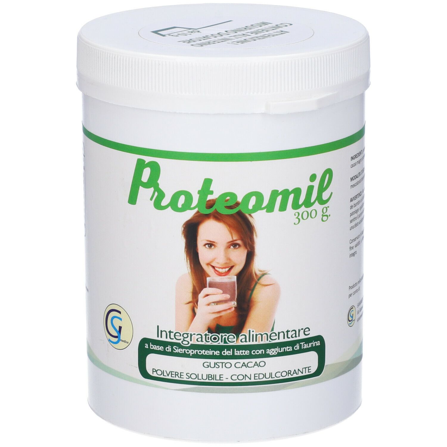 Barattolo bianco Proteomil Gusto Ciocc 300g. Scritta verde e bianca. Donna con bevanda. Integratore alimentare.