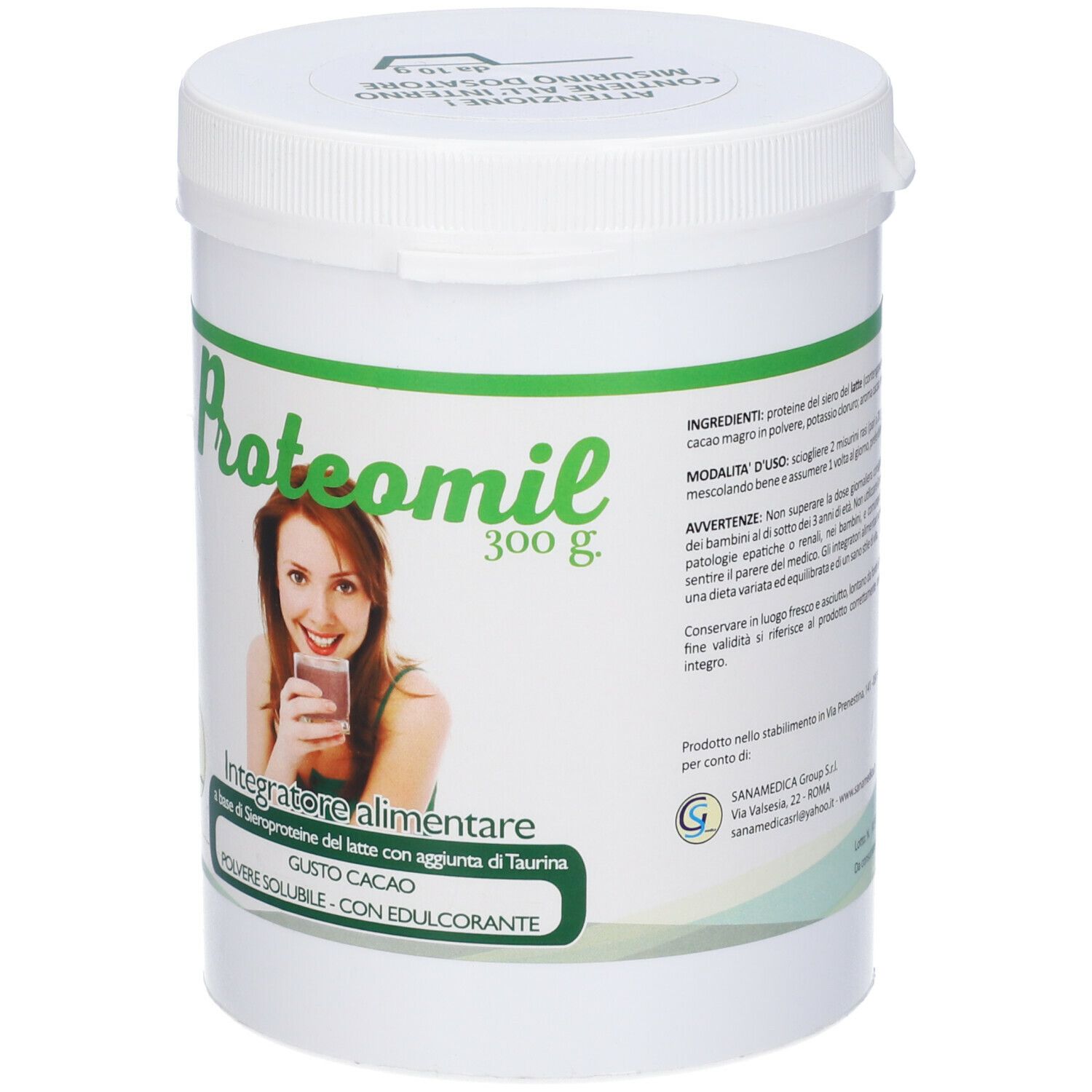 Barattolo bianco Proteomil Gusto Ciocc 300g. Scritta verde e bianca. Donna con bevanda. Integratore alimentare.