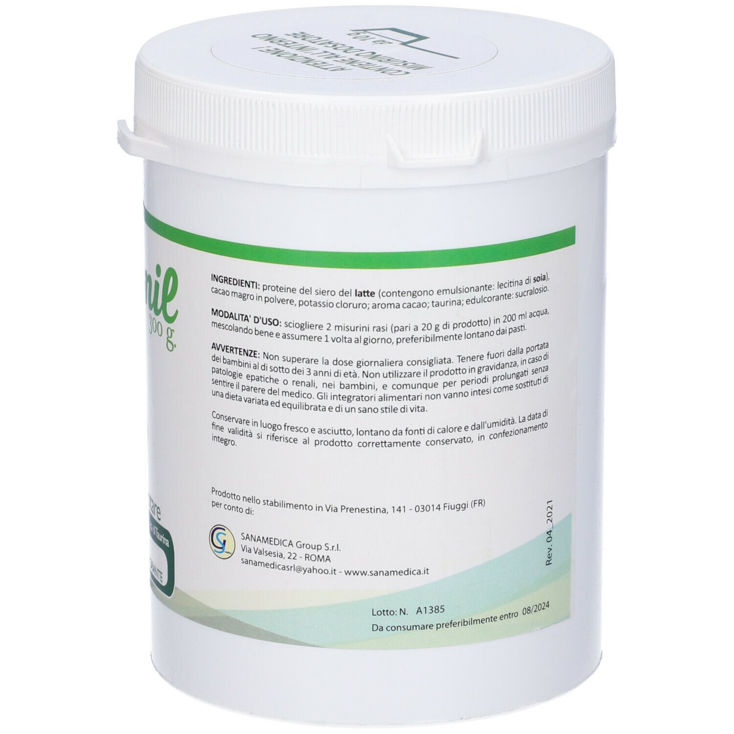 Barattolo bianco Proteomil. Retro con testo in italiano. Ingredienti, istruzioni per l'uso, avvertenze.
