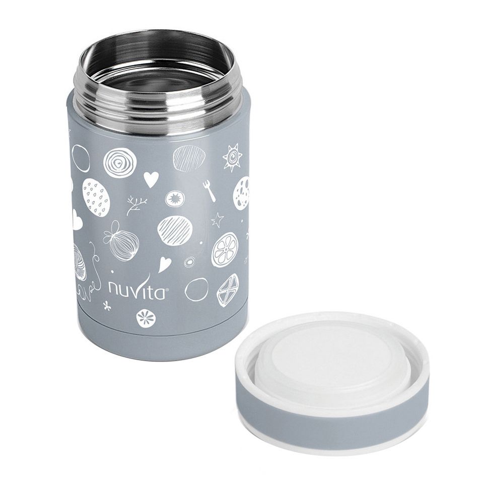 Thermos grigio con coperchio. Decorazioni bianche. Interno in acciaio inox.