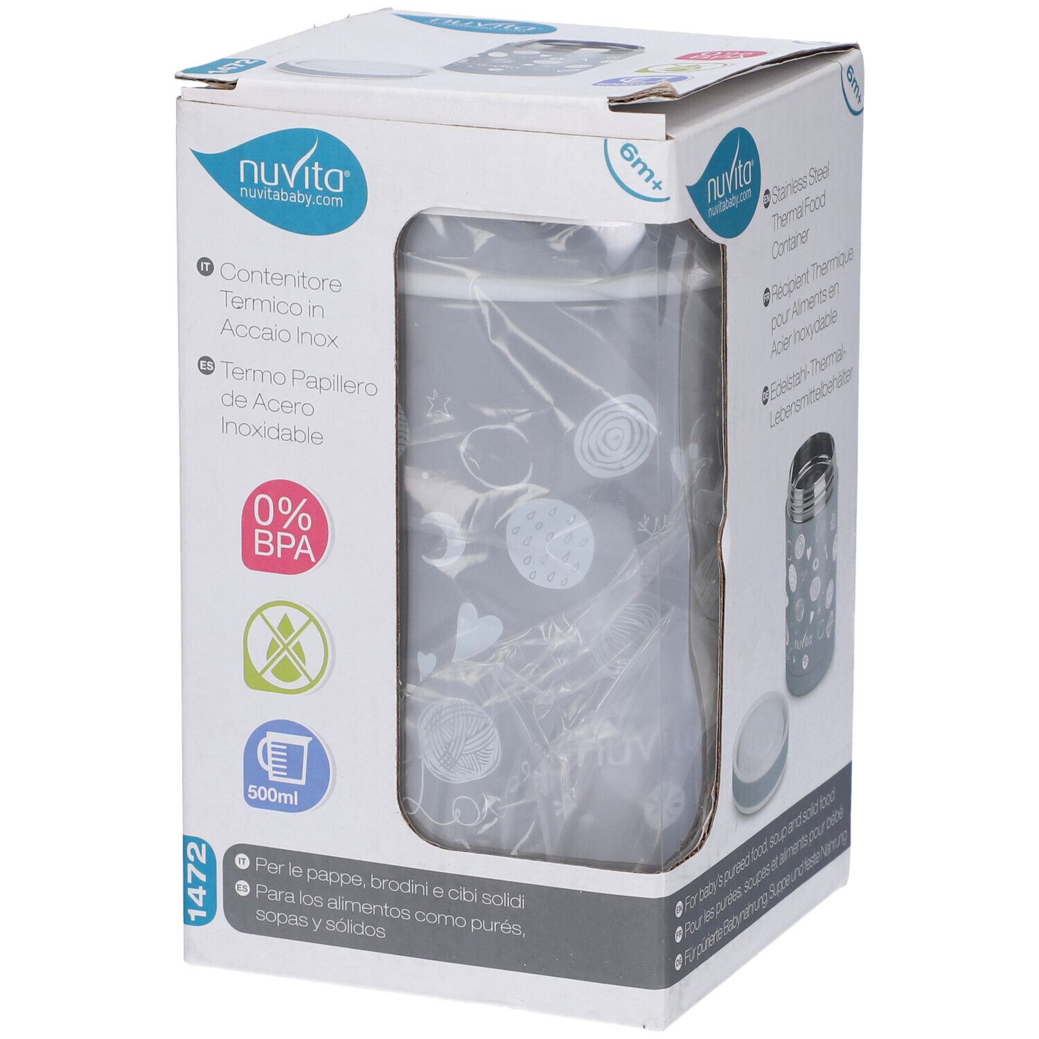 Confezione con thermos. Contenitore grigio, decoro bianco. 500ml, senza BPA.