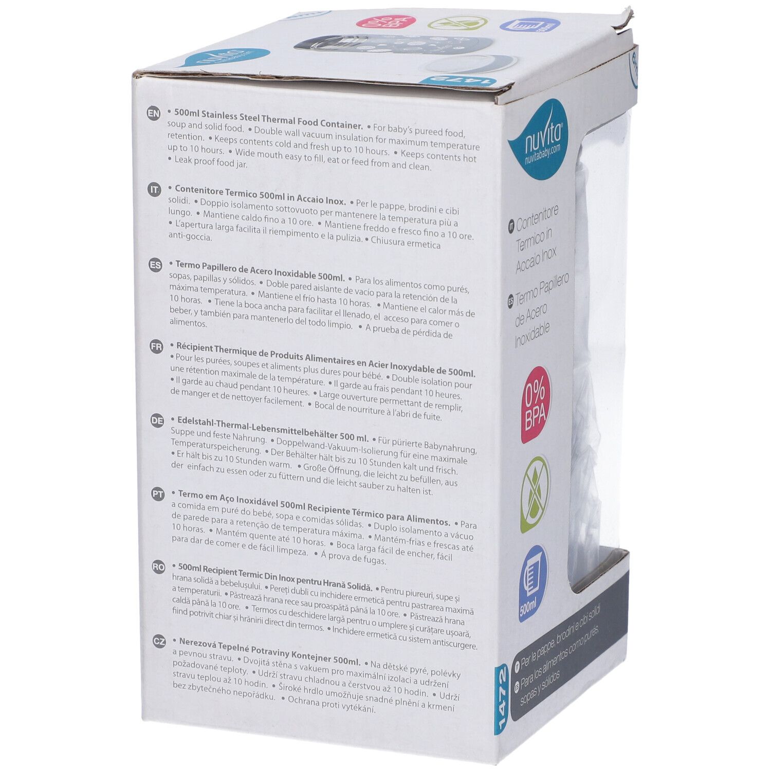 Retro della confezione. Testo multilingue. Informazioni e specifiche del prodotto.