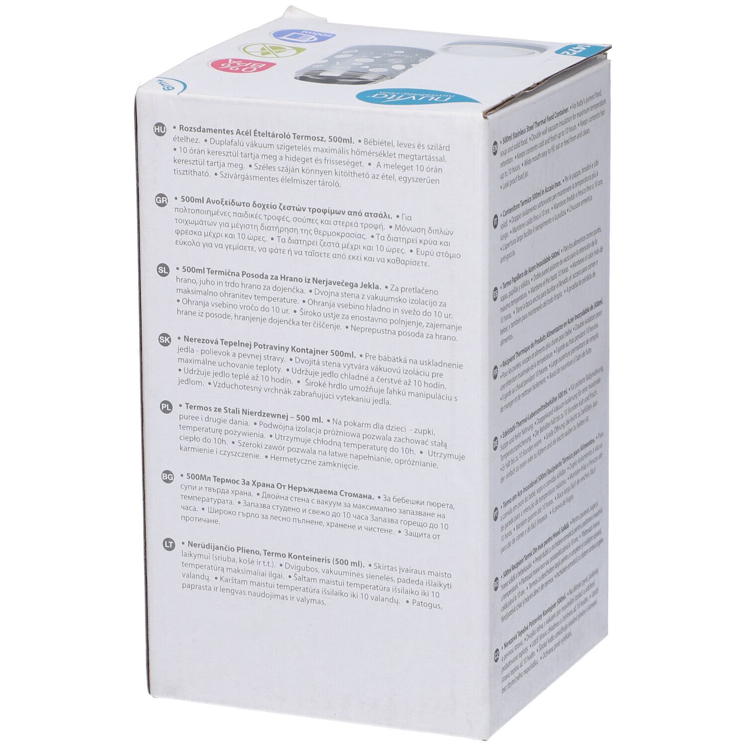 Retro della confezione. Testo multilingue. Informazioni e specifiche del prodotto.