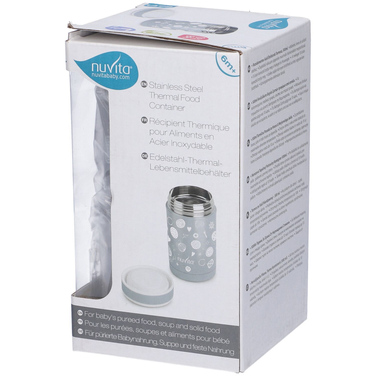 Confezione con thermos. Contenitore grigio, decoro bianco. 500ml, senza BPA.