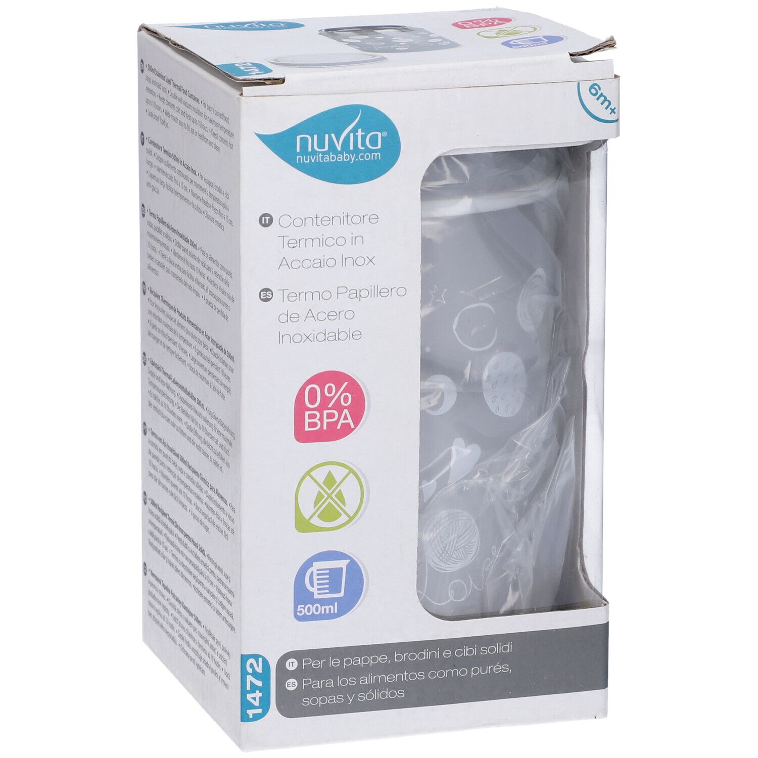 Confezione con thermos. Contenitore grigio, decoro bianco. 500ml, senza BPA.
