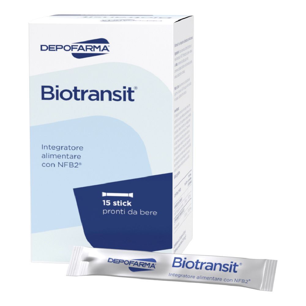 Scatola di DEPOFARMA® BioTransit® e un singolo stick. Scritta: 15 stick pronti da bere.