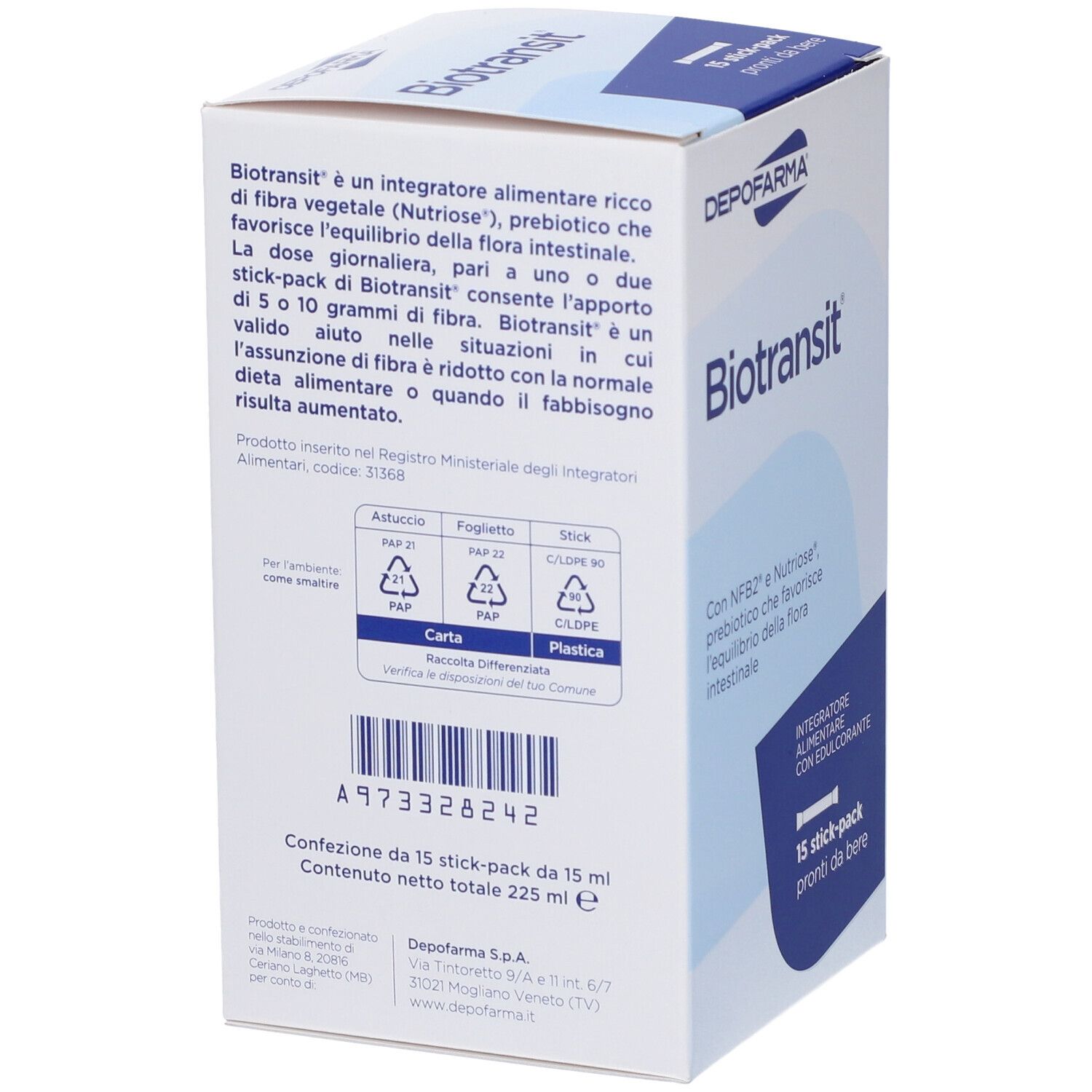 Retro della scatola DEPOFARMA® BioTransit®. Testo su ingredienti e uso. 15 stick.