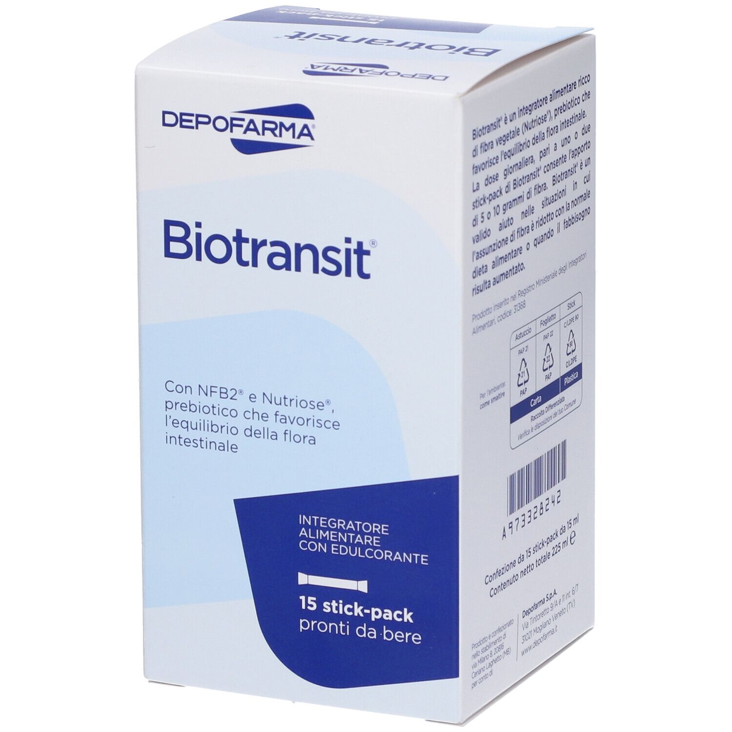Scatola DEPOFARMA® BioTransit®. Scritta: 15 stick pronti da bere. Contiene NFB2® e Nutriose®.