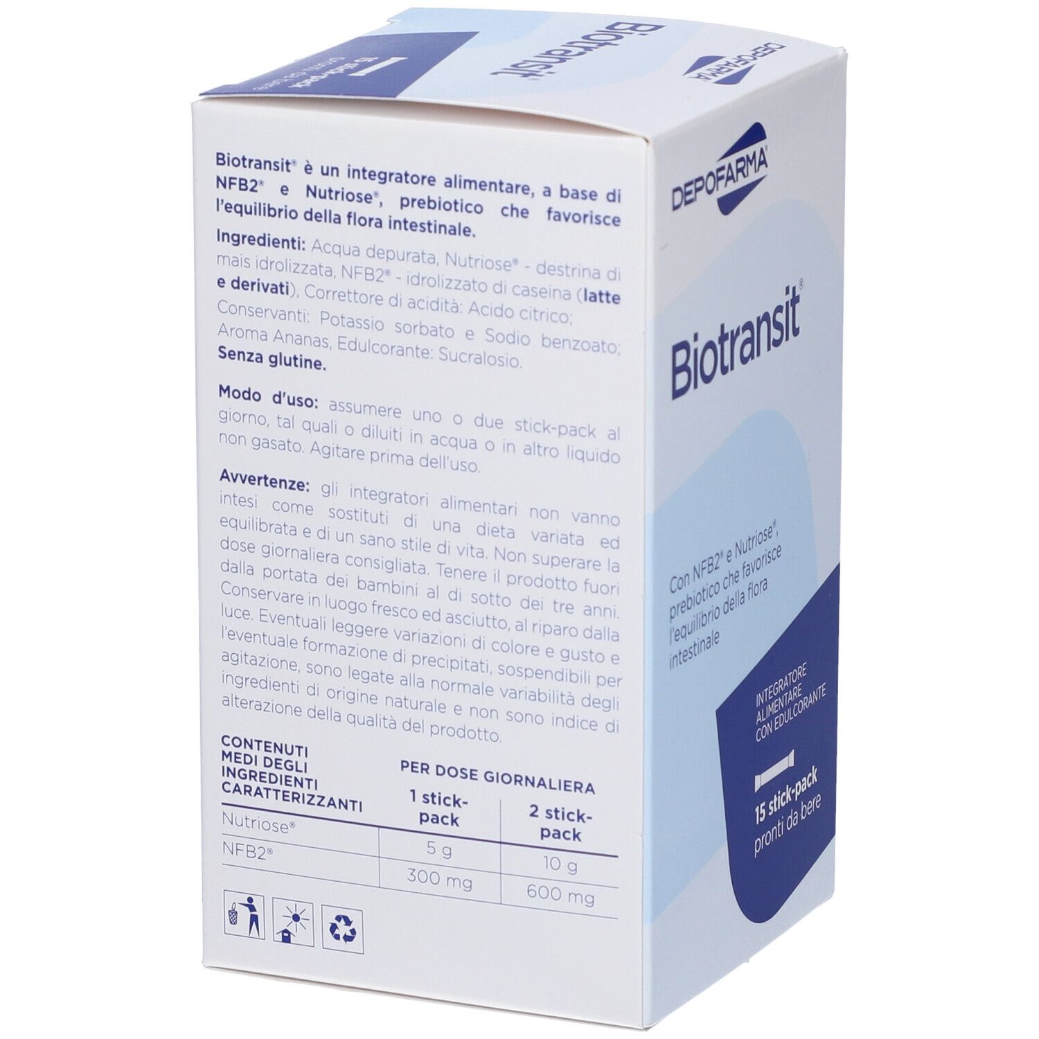 Retro della scatola DEPOFARMA® BioTransit®. Testo su ingredienti e uso. 15 stick.