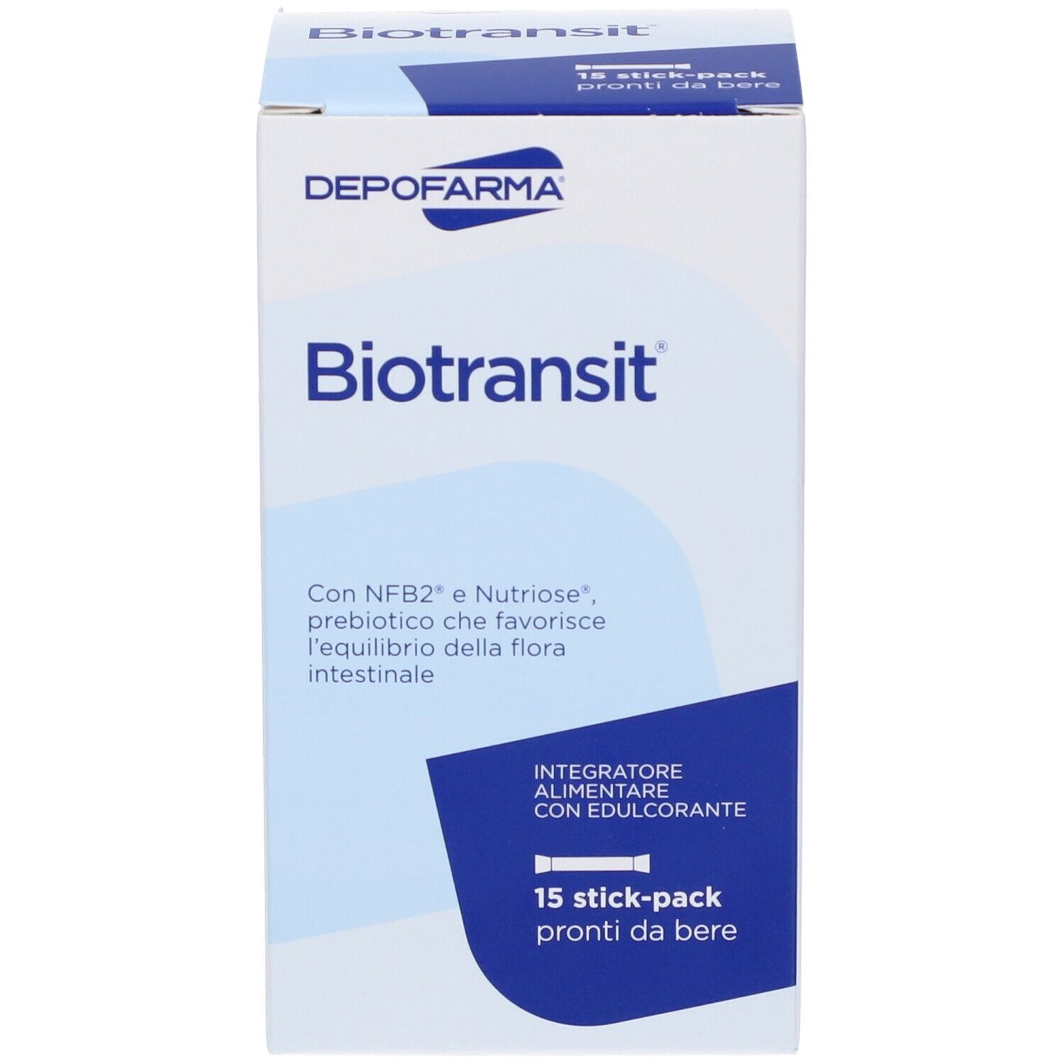 Scatola DEPOFARMA® BioTransit®. Scritta: 15 stick pronti da bere. Contiene NFB2® e Nutriose®.