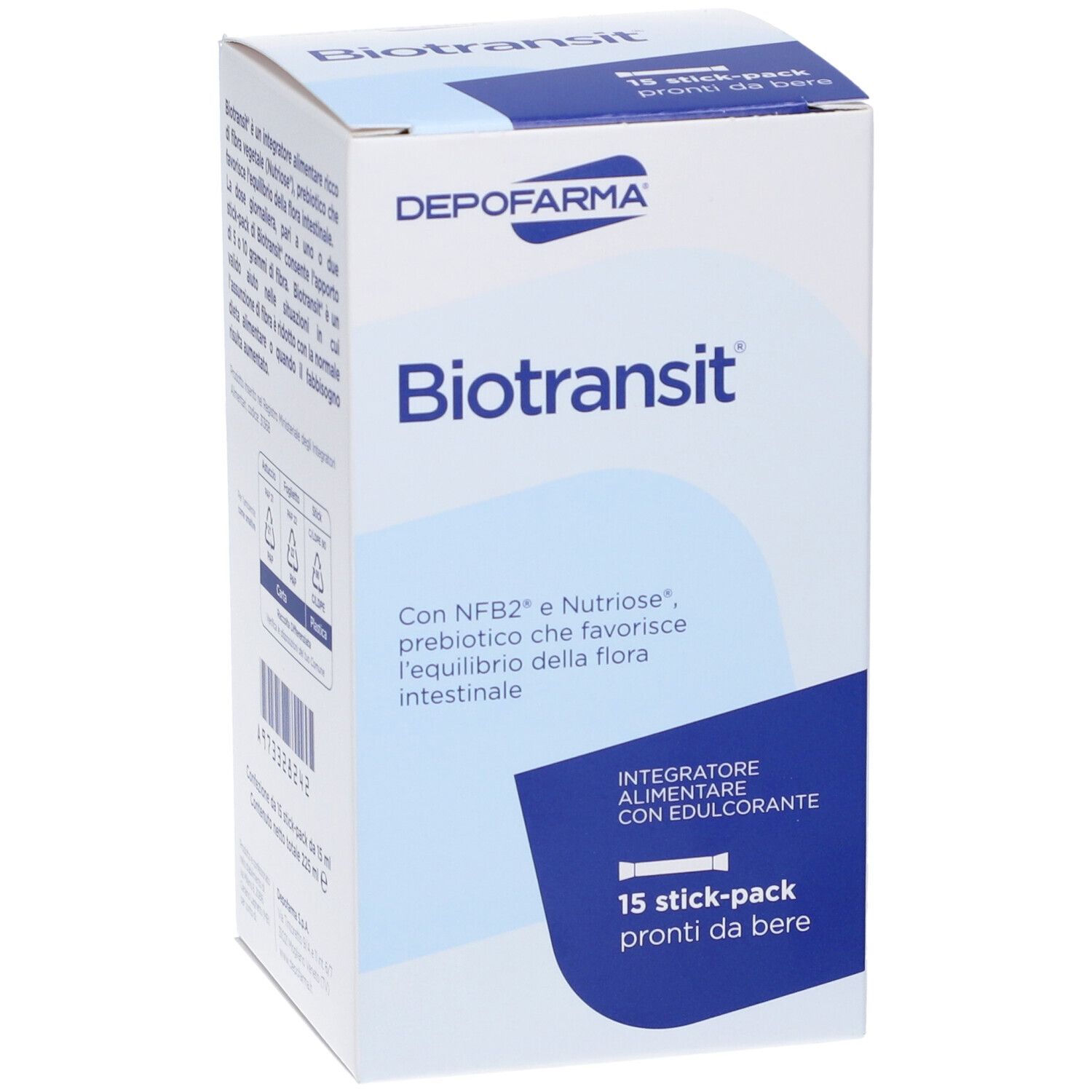 Scatola DEPOFARMA® BioTransit®. Scritta: 15 stick pronti da bere. Contiene NFB2® e Nutriose®.