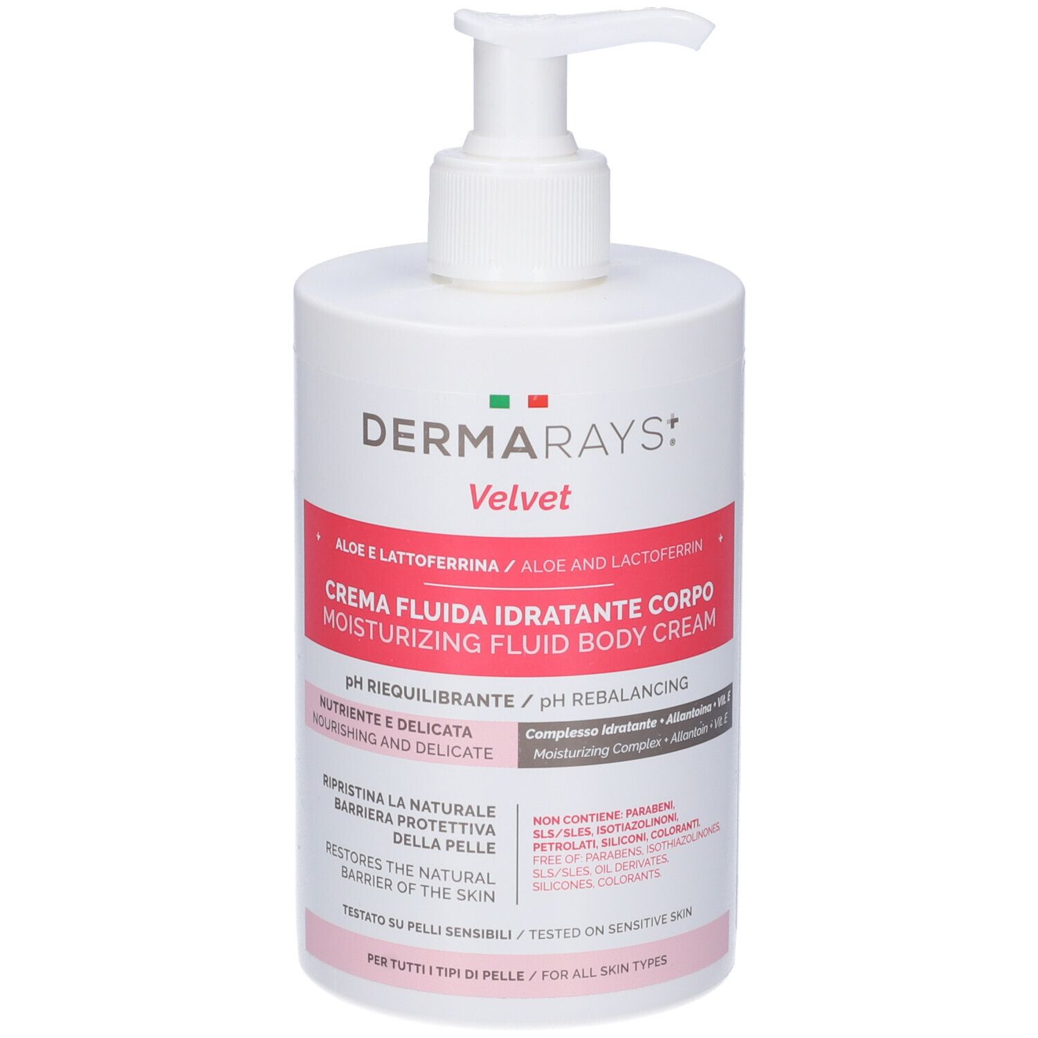 Flacone bianco con dosatore. Etichetta rossa con testo: Creme Fluida Idratante Corpo. Marchio: DermaRays+ Velvet.