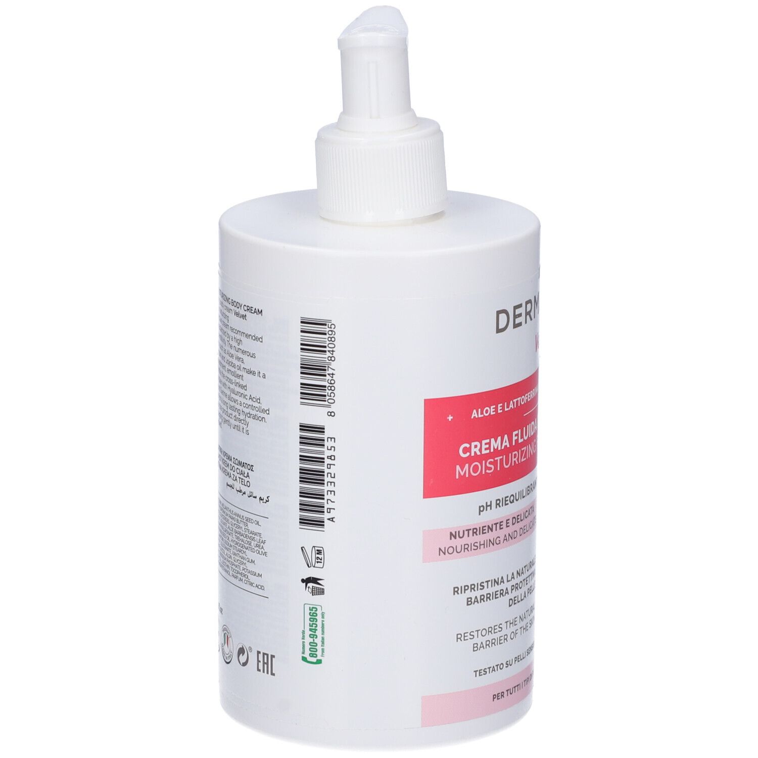 Flacone bianco con dosatore. Codice a barre e testo sul retro. Loghi verdi e blu.