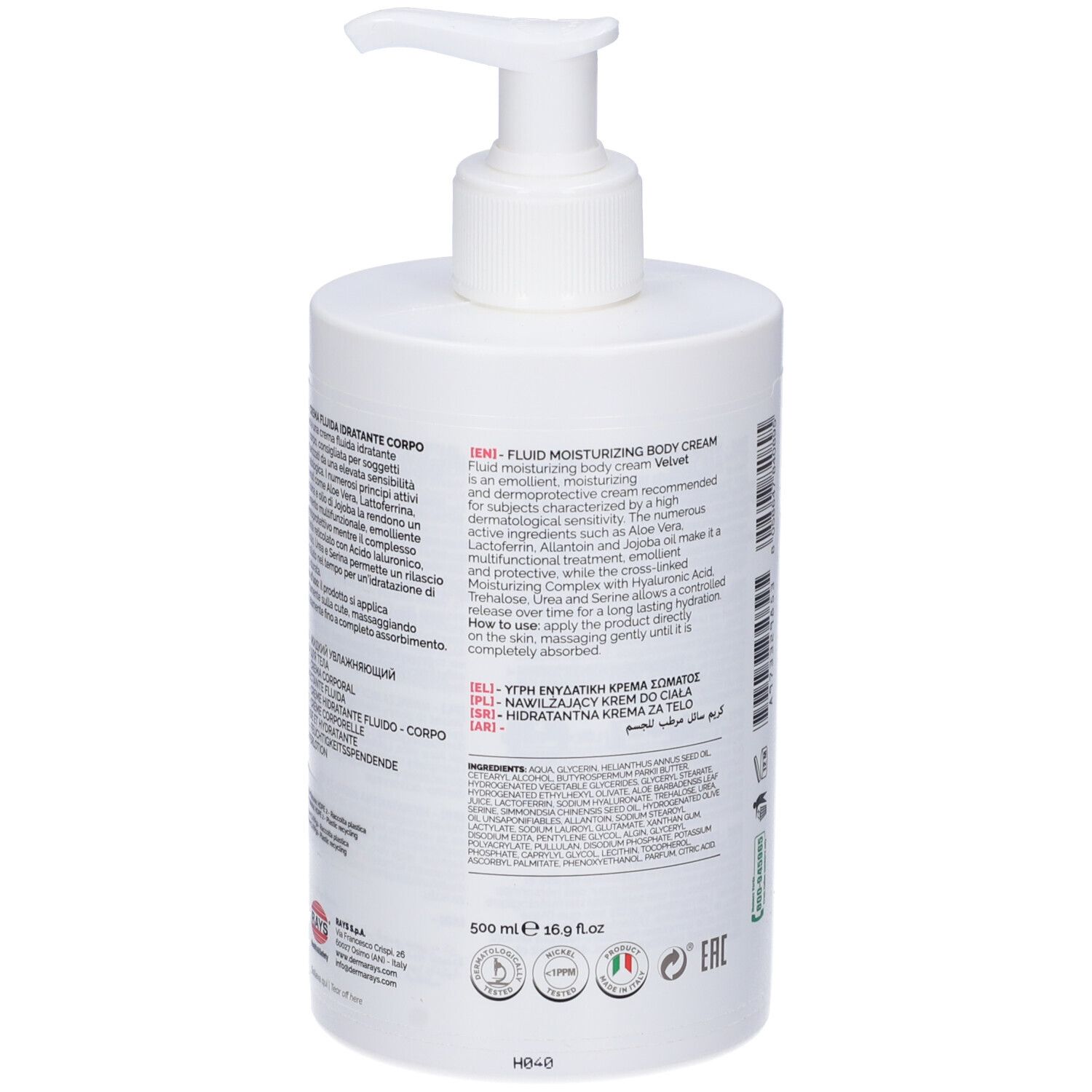 Flacone bianco con dosatore. Testo sul retro. Loghi e informazioni sugli ingredienti.