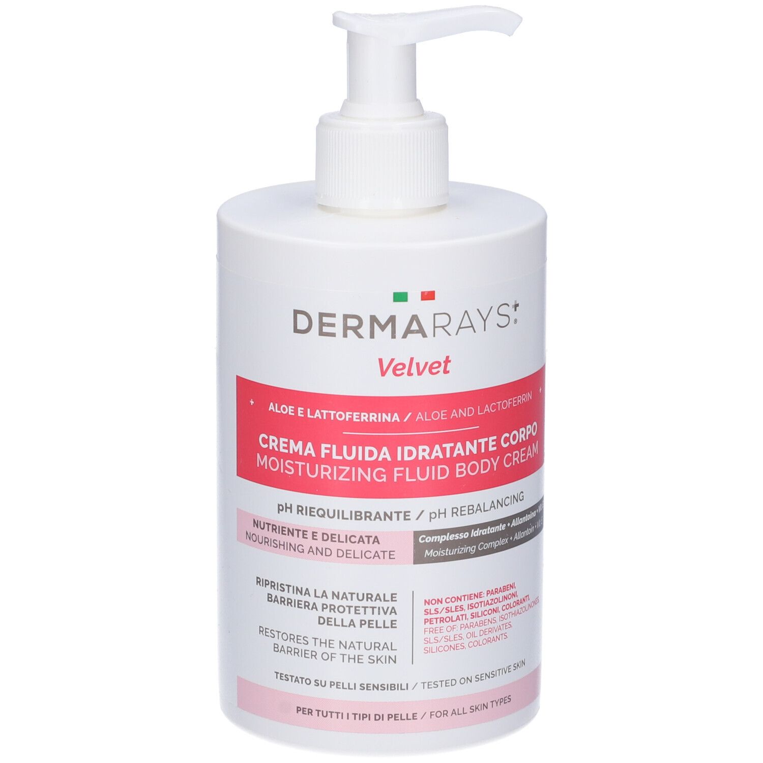 Flacone bianco con dosatore. Etichetta rossa con testo: Creme Fluida Idratante Corpo. Marchio: DermaRays+ Velvet.
