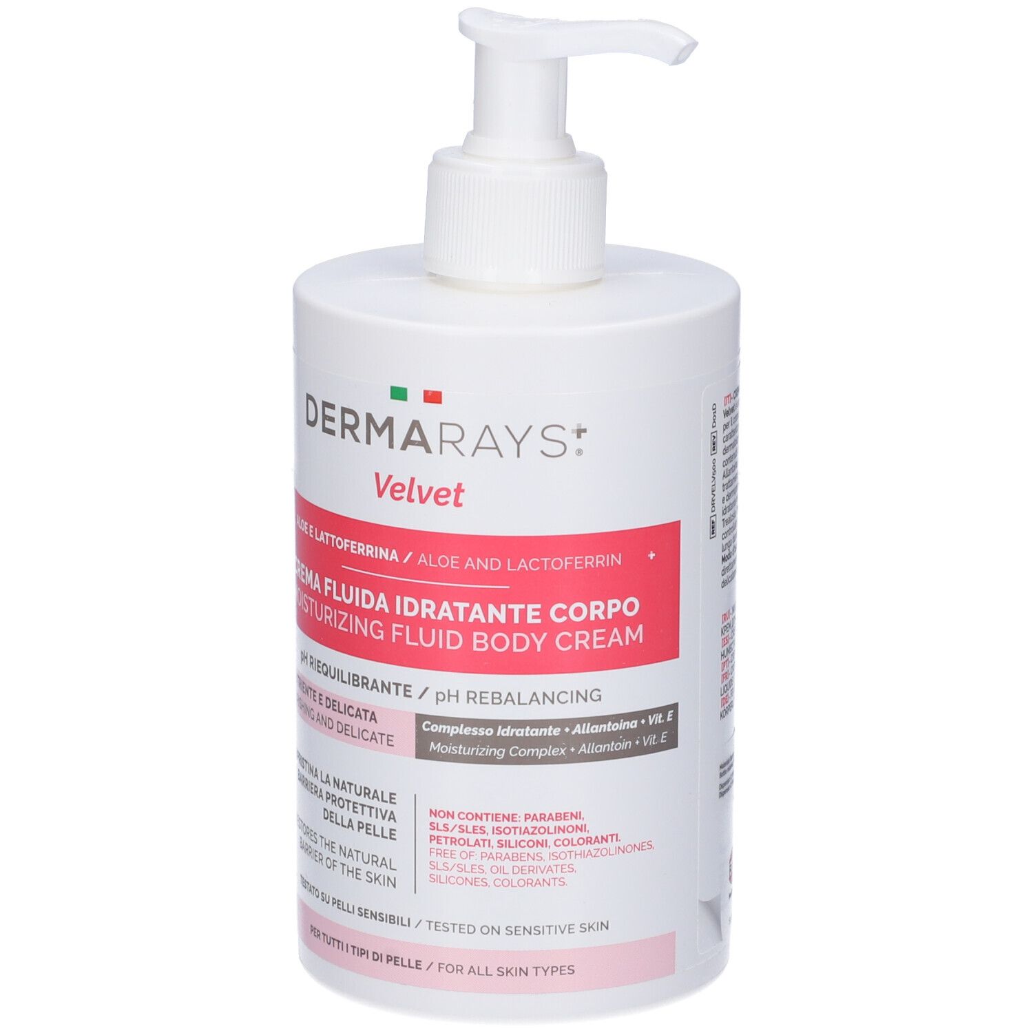 Flacone bianco con dosatore. Etichetta rossa con testo: Creme Fluida Idratante Corpo. Marchio: DermaRays+ Velvet.