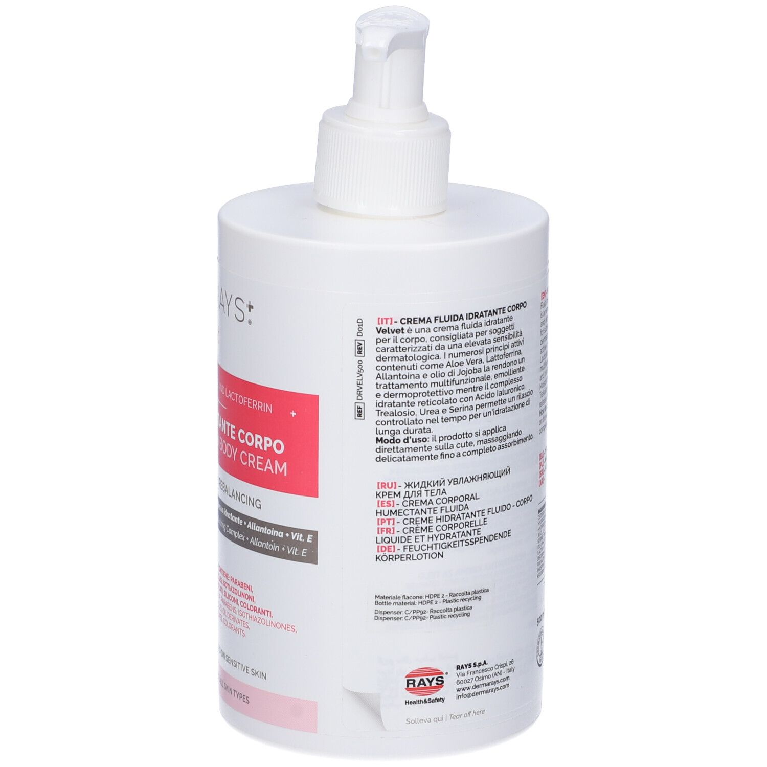 Flacone bianco con dosatore. Testo sul retro. Marchio: DermaRays+. Loghi e informazioni sugli ingredienti.