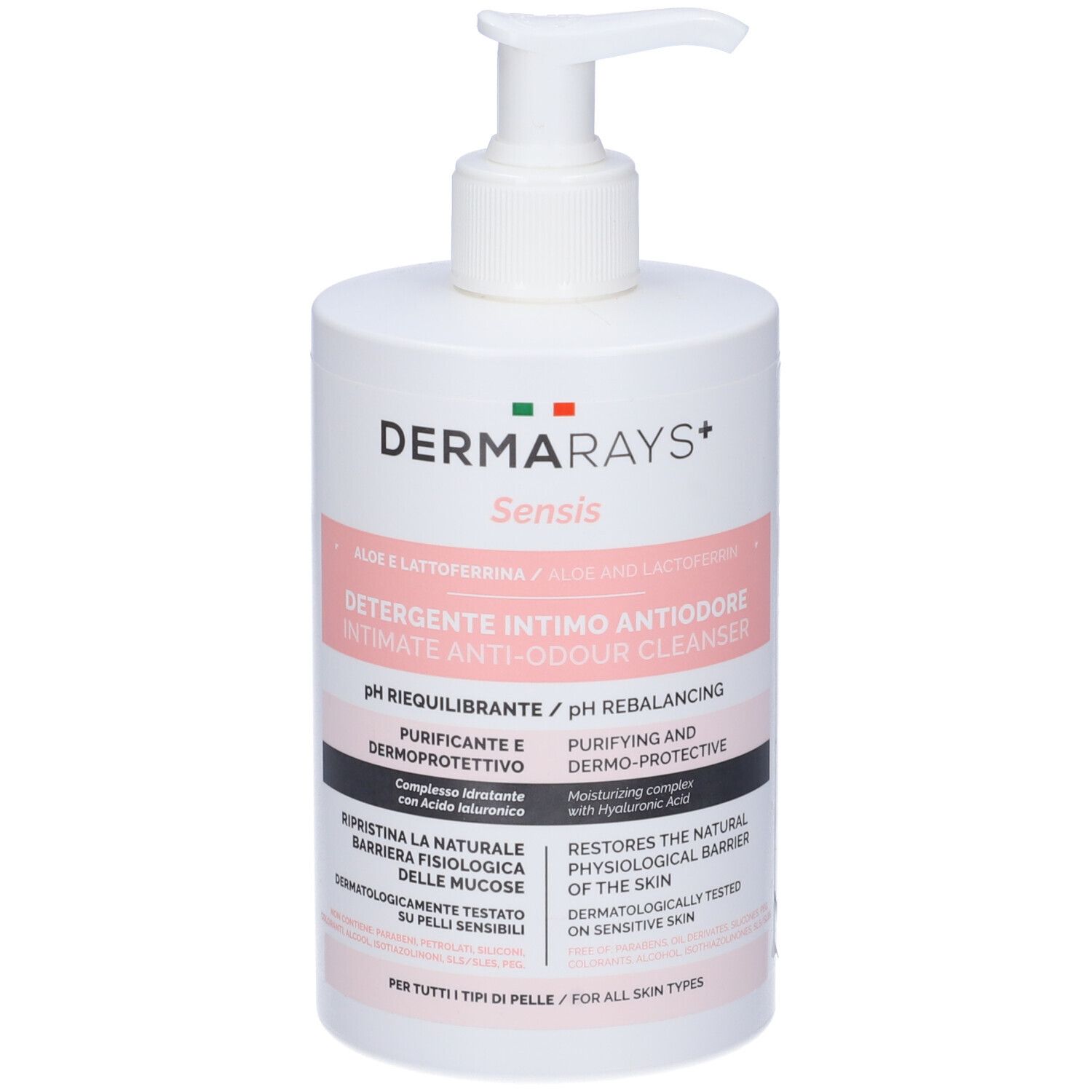 Dispenser bianco con pompa. Scritta: DermaRays+ Sensis, detergente intimo. Bandiera italiana e verde.