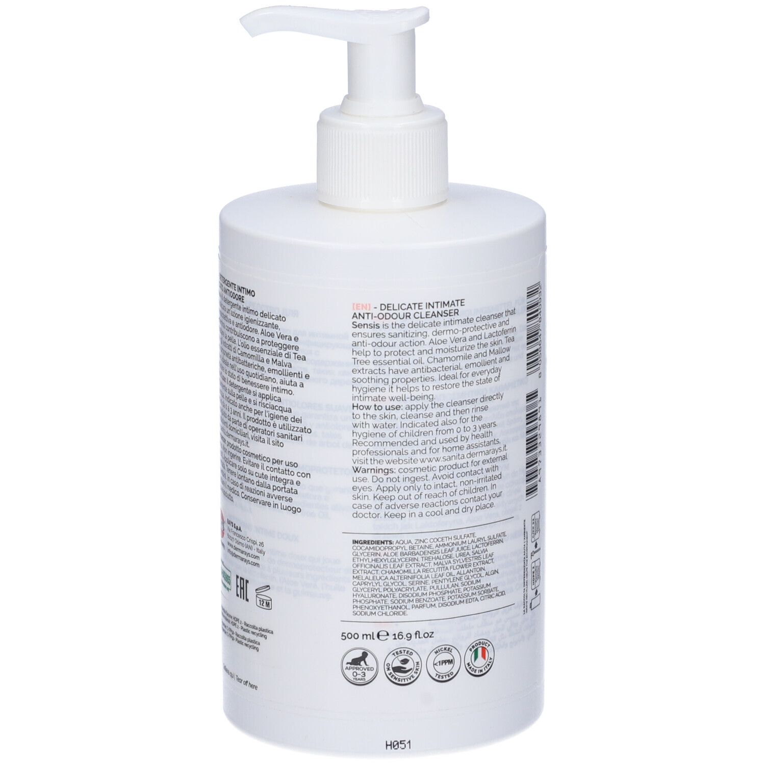 Dispenser bianco con pompa. Testo in italiano e inglese. Informazioni sull'uso e sugli ingredienti.