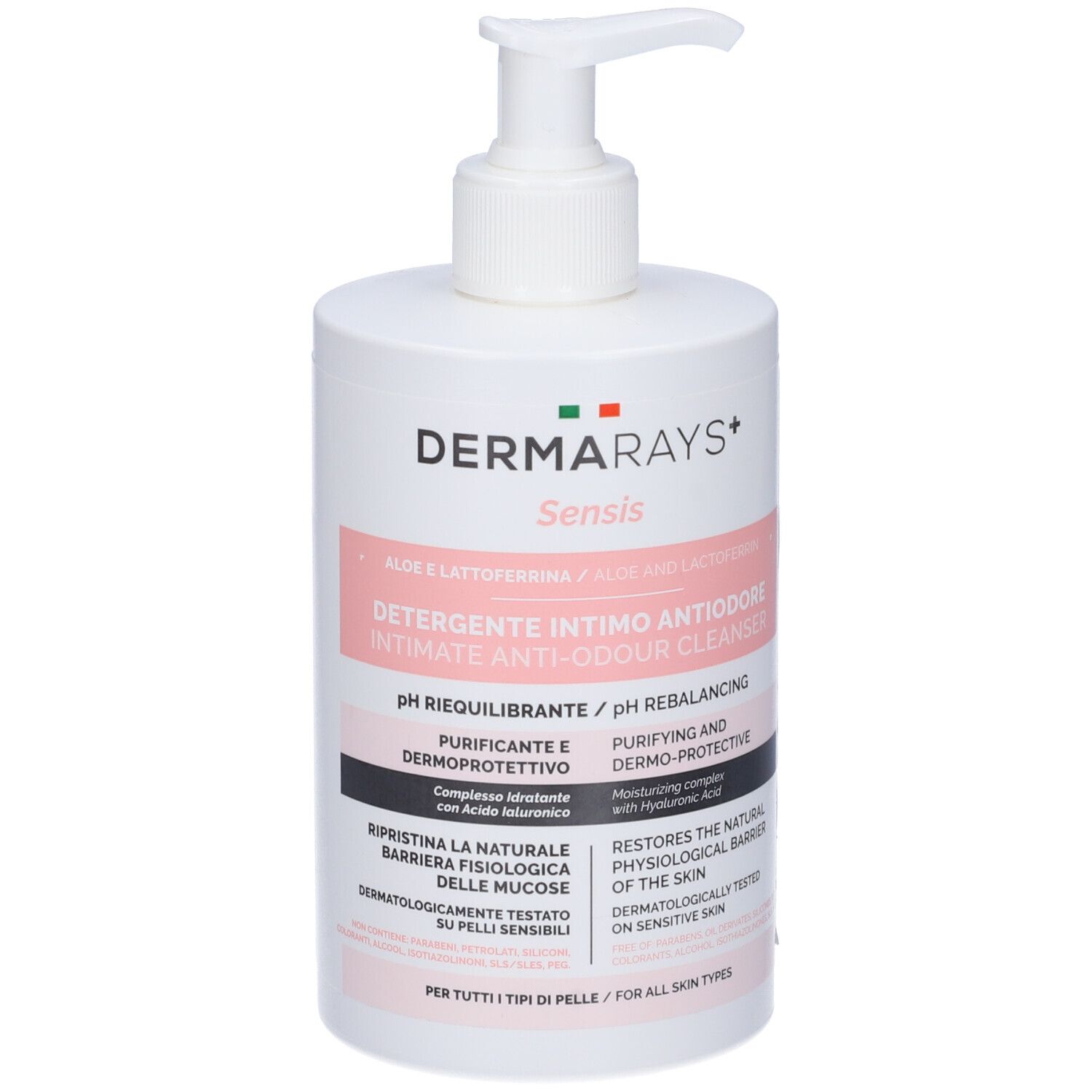 Dispenser bianco con pompa. Scritta: DermaRays+ Sensis, detergente intimo. Bandiera italiana e verde.