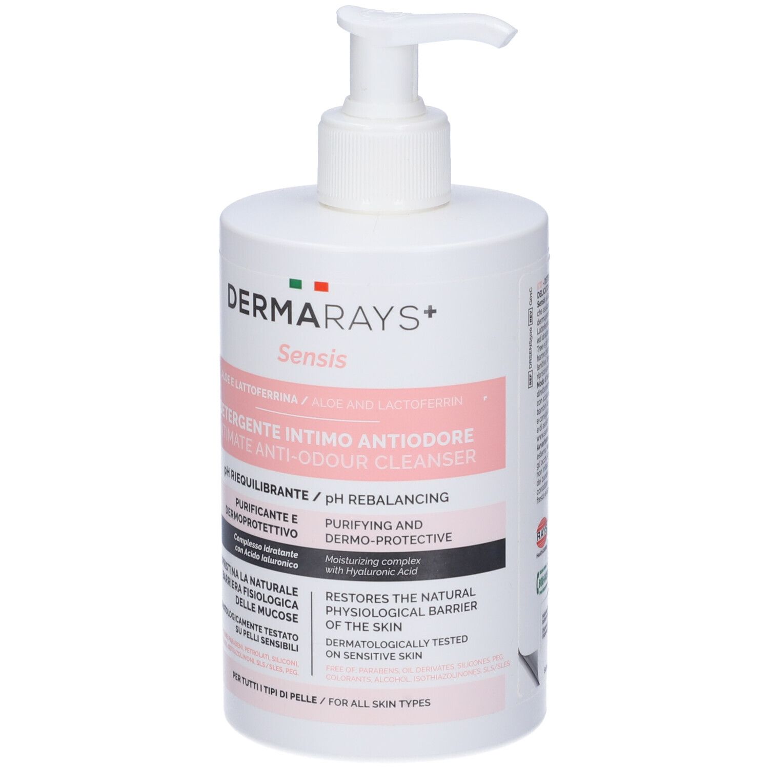 Dispenser bianco con pompa. Scritta: DermaRays+ Sensis, detergente intimo. Bandiera italiana e verde.
