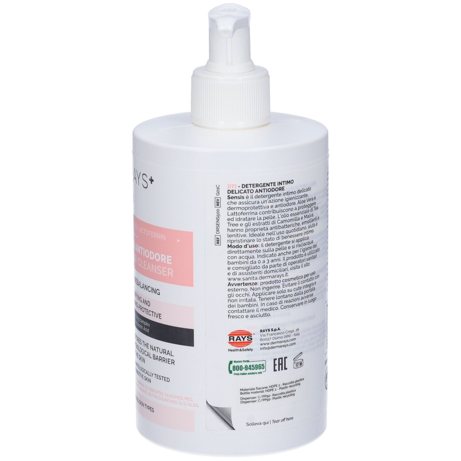 Dispenser bianco con pompa. Testo in italiano e inglese. Loghi e informazioni di contatto.