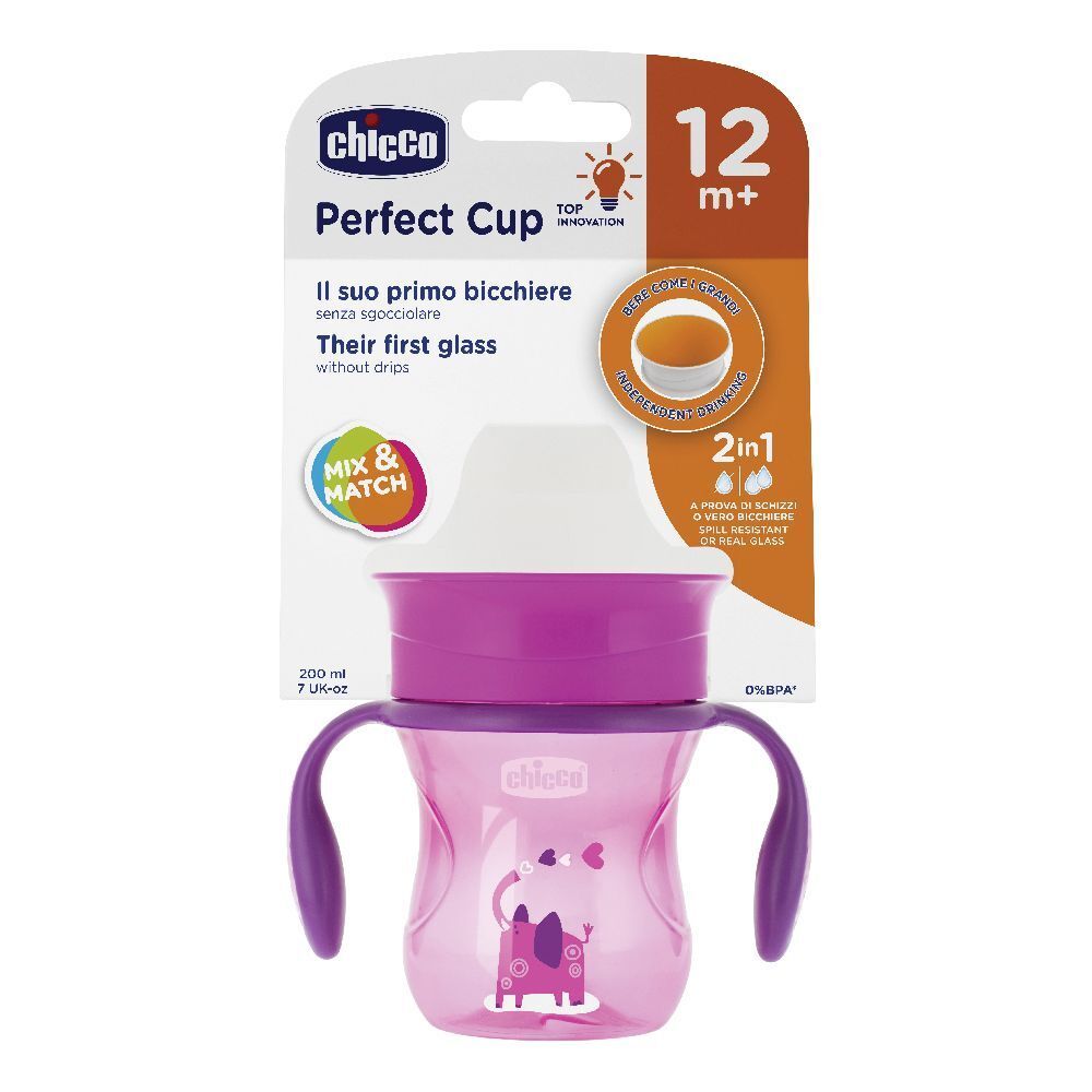 Chicco Perfect Cup rosa. Tazza con manici, 12m+. Confezione con informazioni.