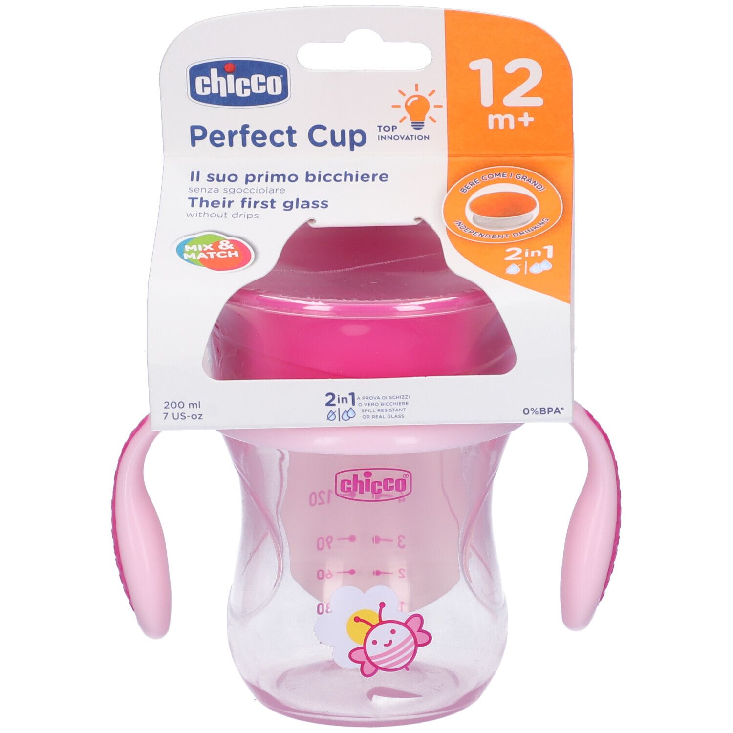 Chicco Perfect Cup rosa. Tazza con manici, 12m+. Confezione con informazioni.