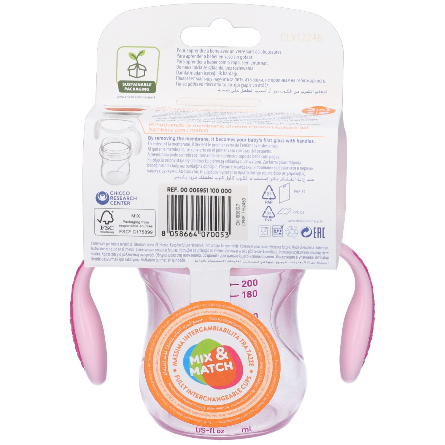 Retro della confezione Chicco Perfect Cup. Tazza rosa, 12m+.