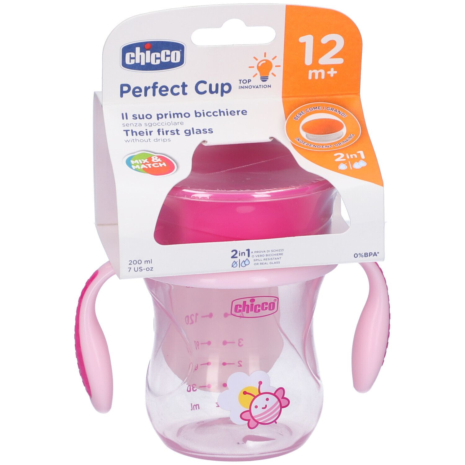 Chicco Perfect Cup rosa. Tazza con manici, 12m+. Confezione con informazioni.