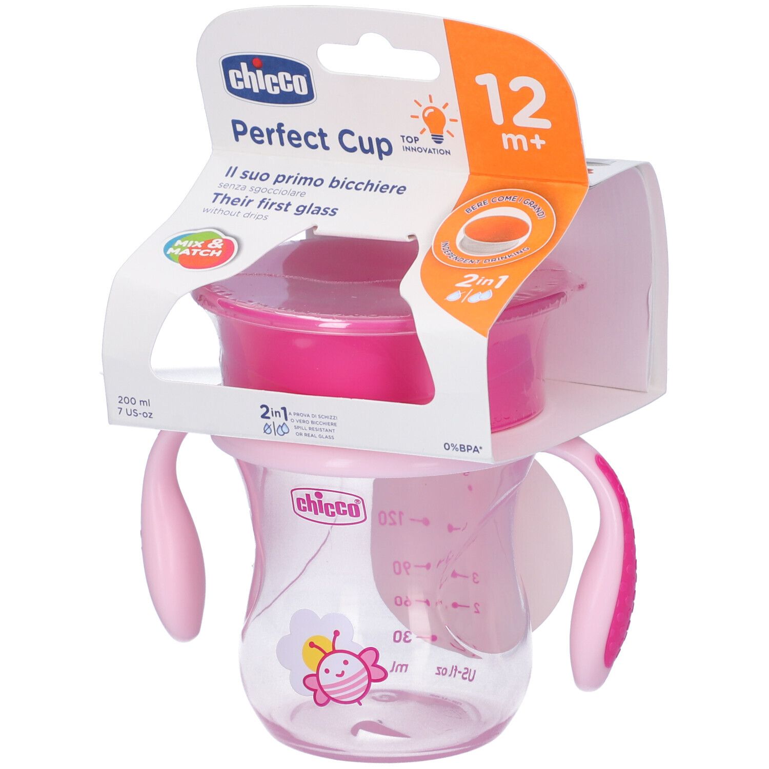 Chicco Perfect Cup rosa. Tazza con manici, 12m+. Confezione con informazioni.