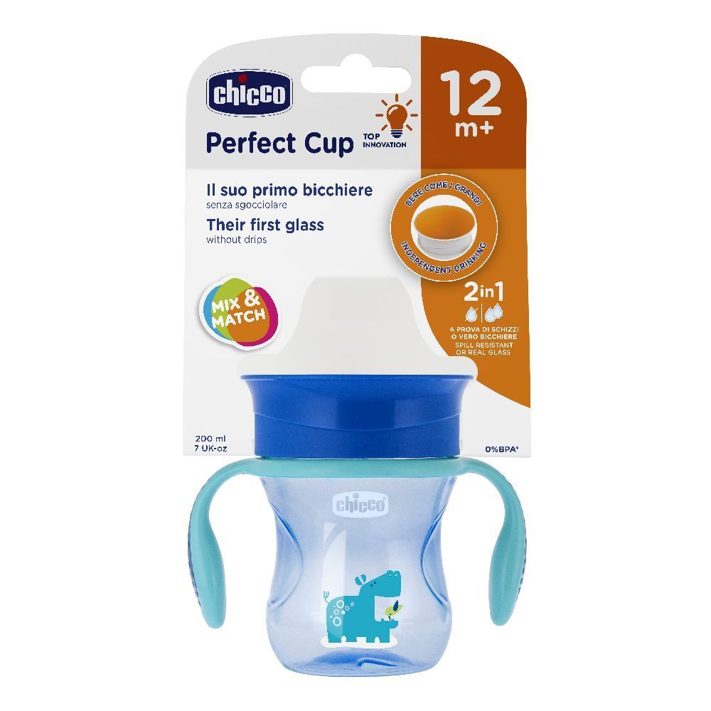 Bicchiere blu per bambini con manici, 12m+. Confezione con nome e logo del prodotto. Capacità 200 ml.