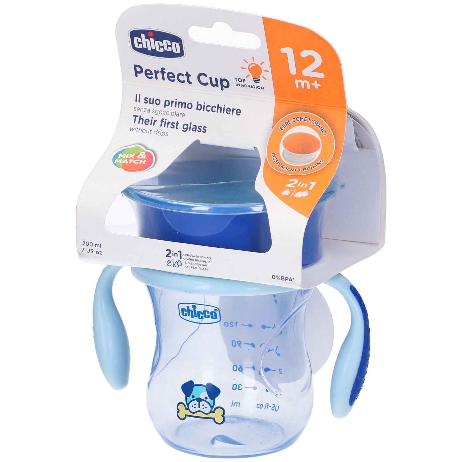 Bicchiere per bambini in confezione, blu, con manici. 12m+. Scala di misurazione. Nome e logo del prodotto visibili.