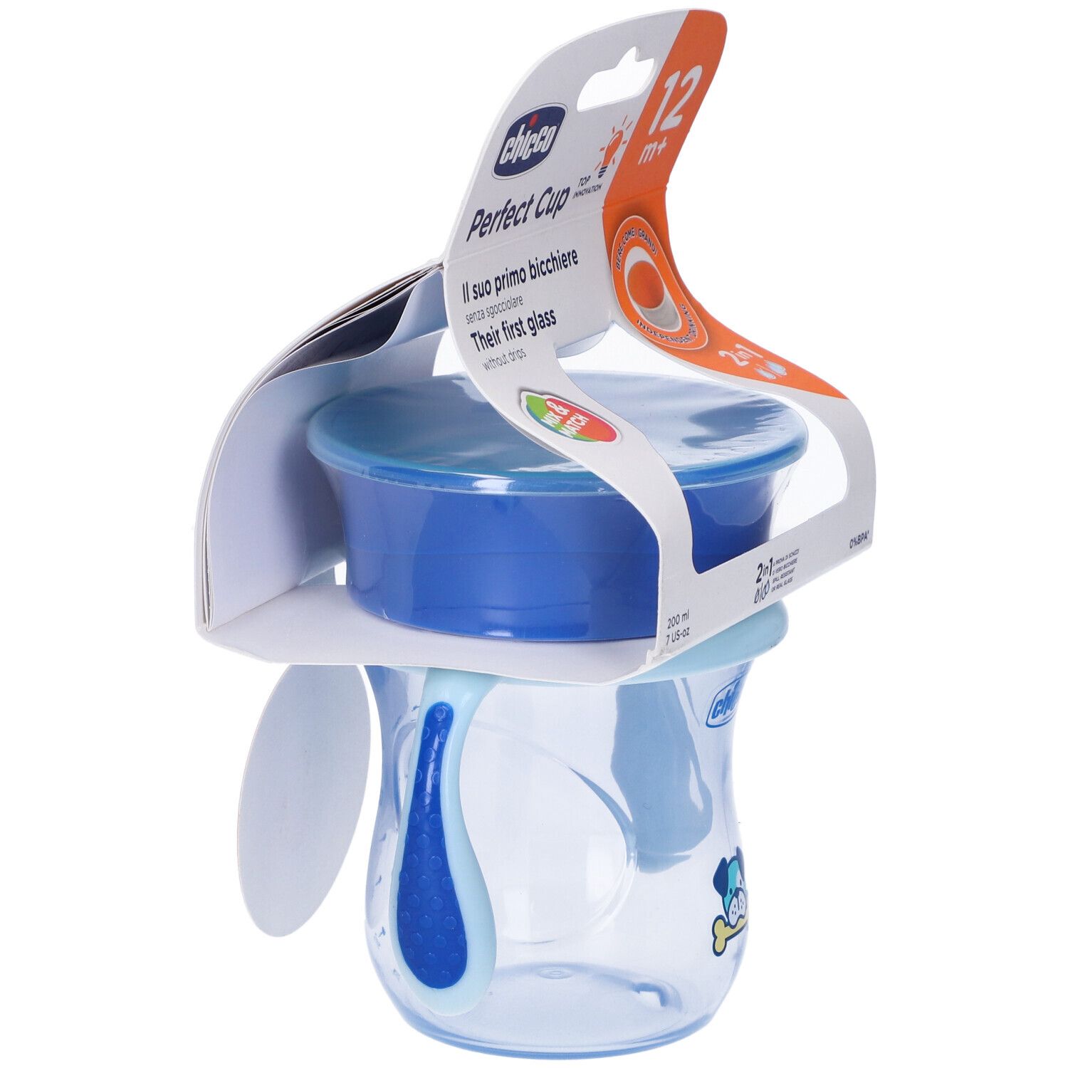 Bicchiere per bambini in confezione, blu, con manici. 12m+. Nome e logo del prodotto visibili. Vista laterale.
