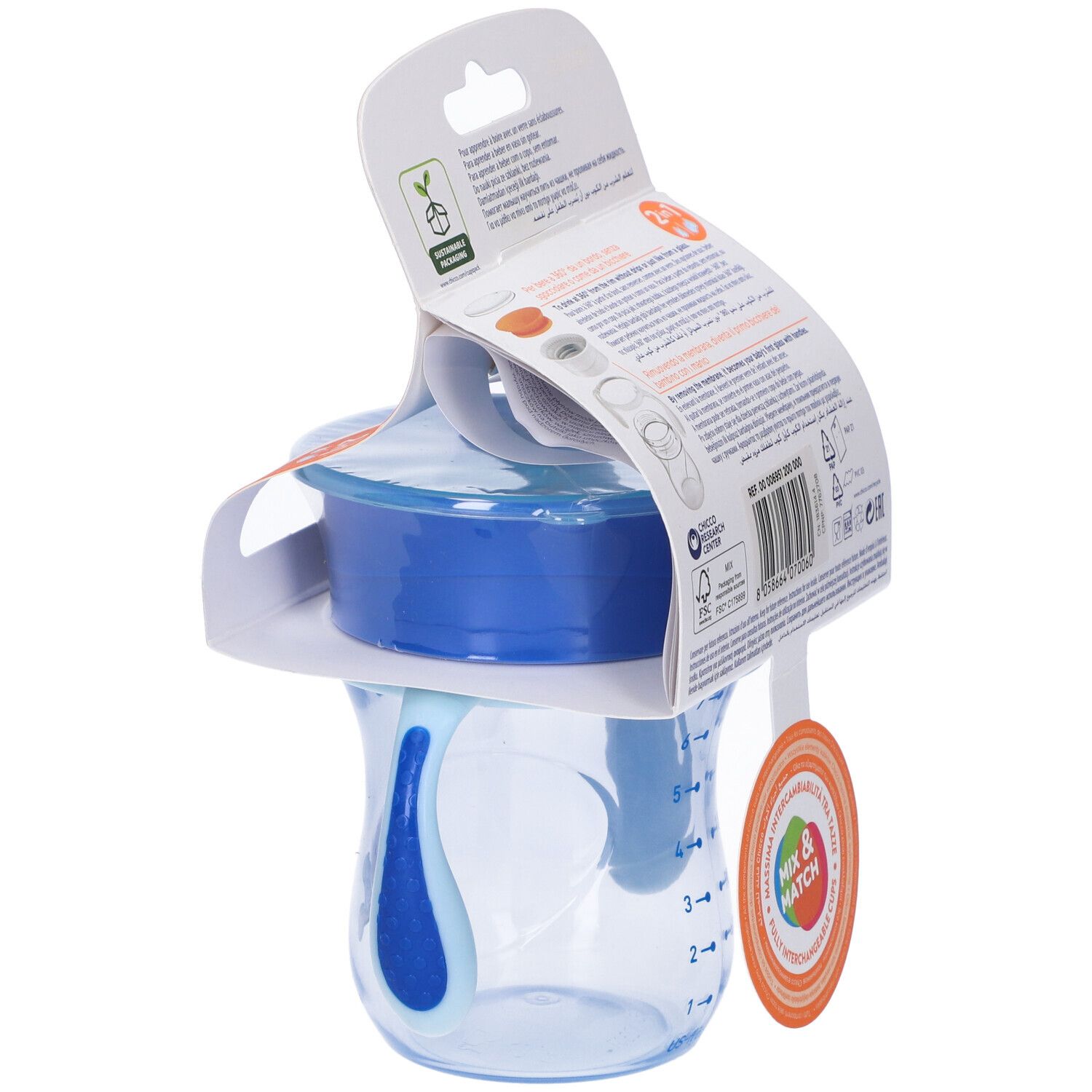 Retro della confezione del prodotto. Informazioni sul prodotto e loghi. Bicchiere per bambini con manici visibile.