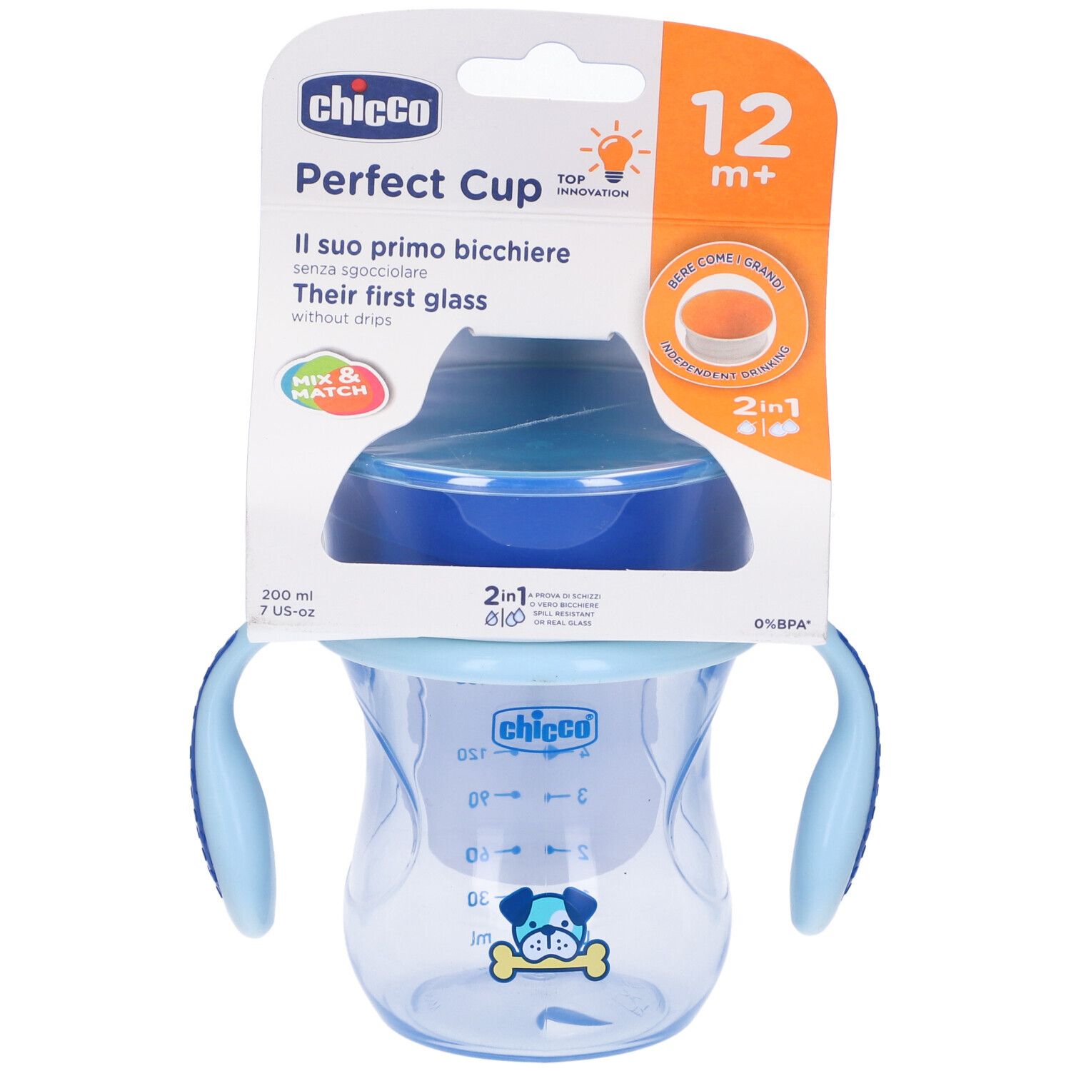 Bicchiere per bambini, blu, con manici. 12m+. Nome e logo del prodotto visibili. Scala di misurazione. 200 ml.