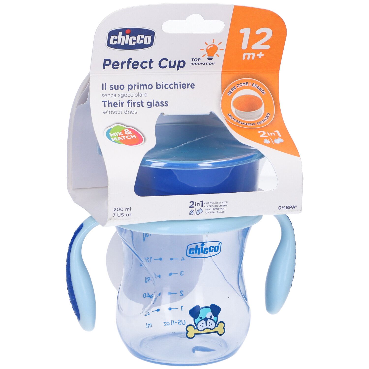 Bicchiere per bambini, blu, con manici. 12m+. Nome e logo del prodotto visibili. Scala di misurazione. 200 ml.