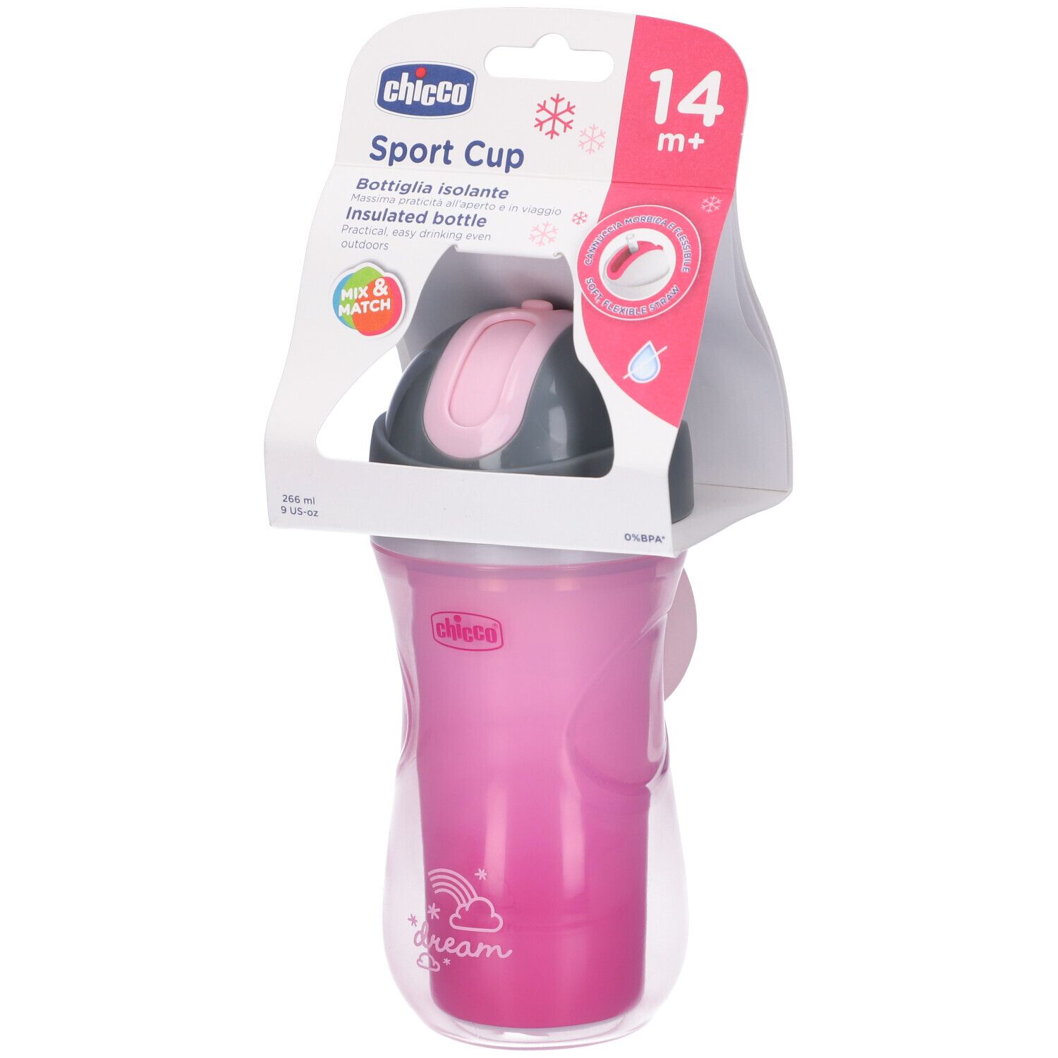 Tazza Sport rosa Chicco, 14m+. Bottiglia isolante con coperchio. Confezionata in una custodia trasparente con cartone. Stampa: dream.