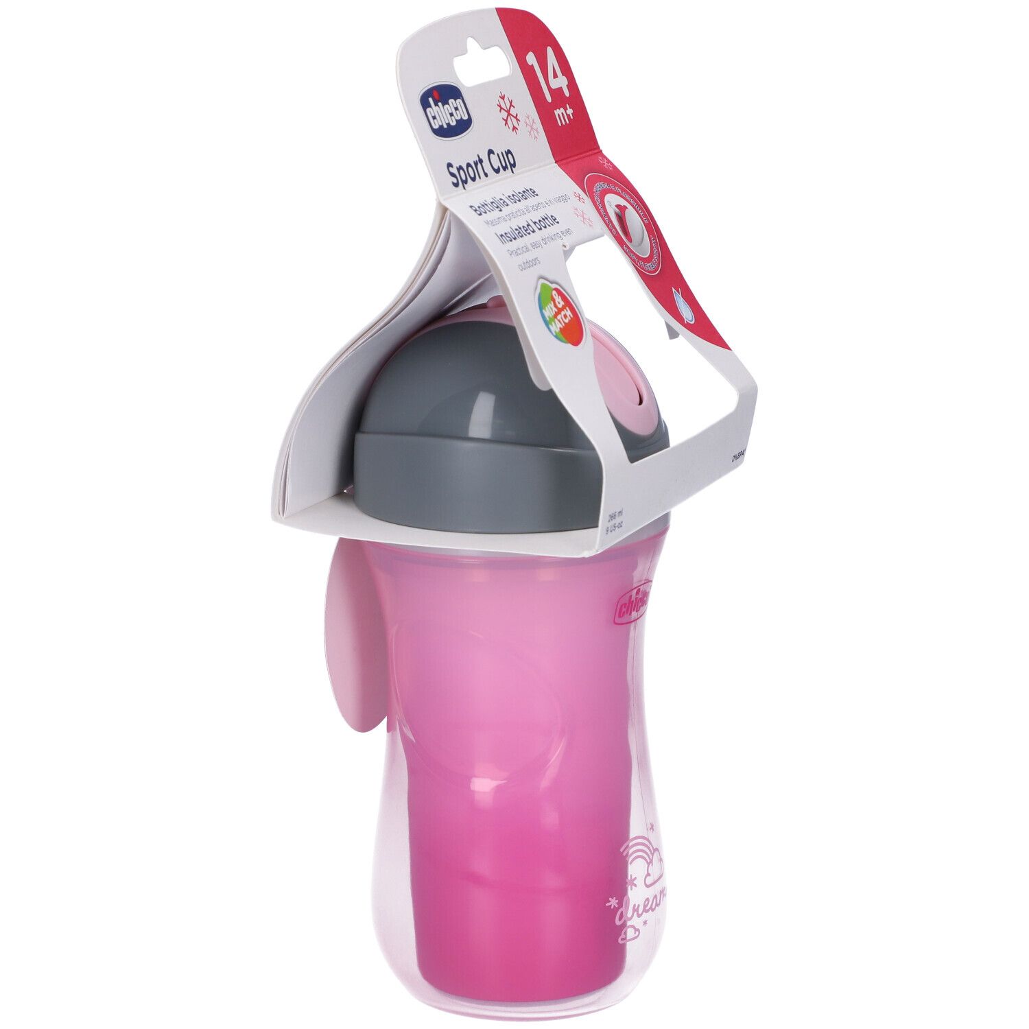 Tazza Sport rosa Chicco, 14m+. Bottiglia isolante con coperchio. Confezionata in una custodia trasparente con cartone.