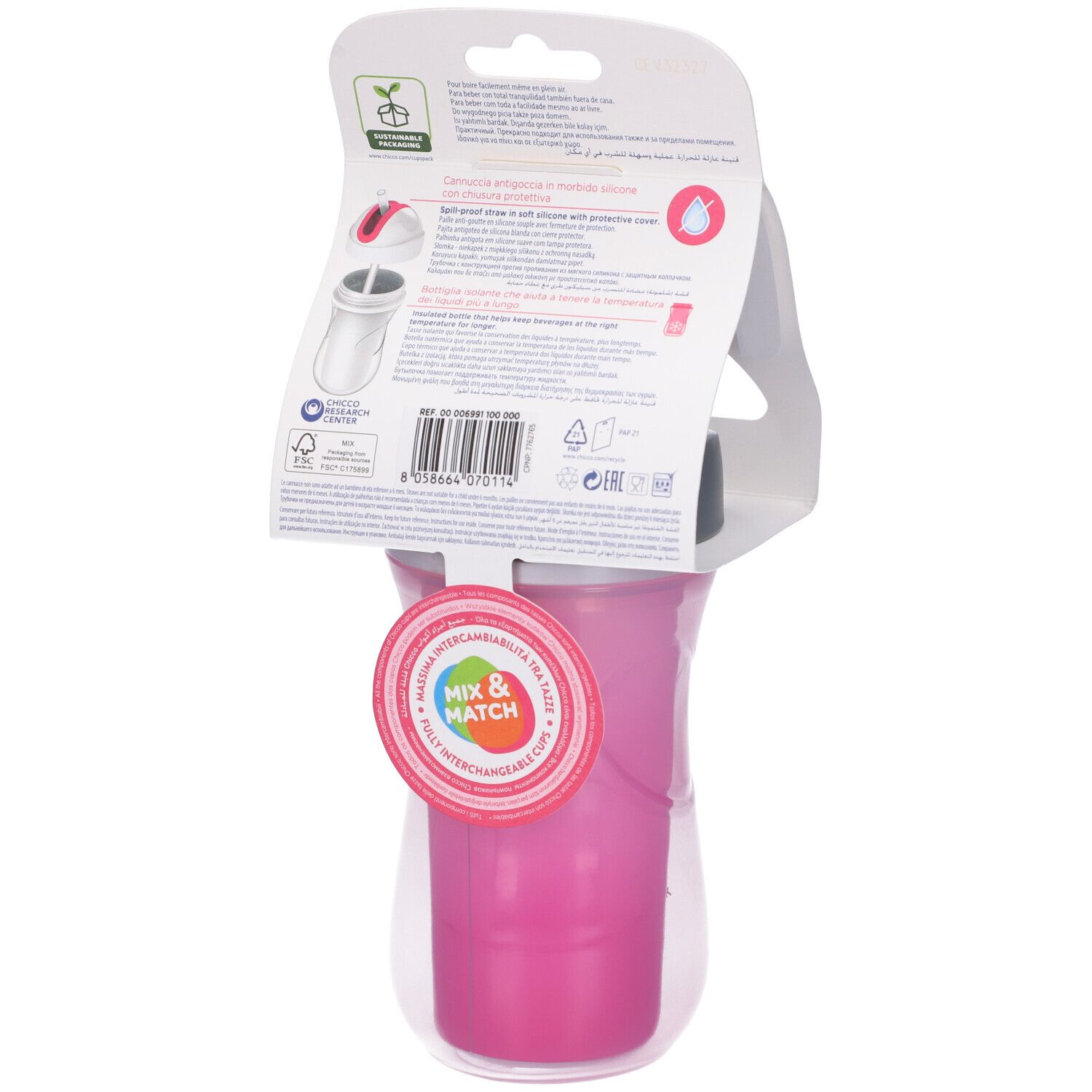 Retro della confezione della tazza Sport rosa. Informazioni sulla bottiglia, funzione Mix & Match e simboli di riciclaggio.