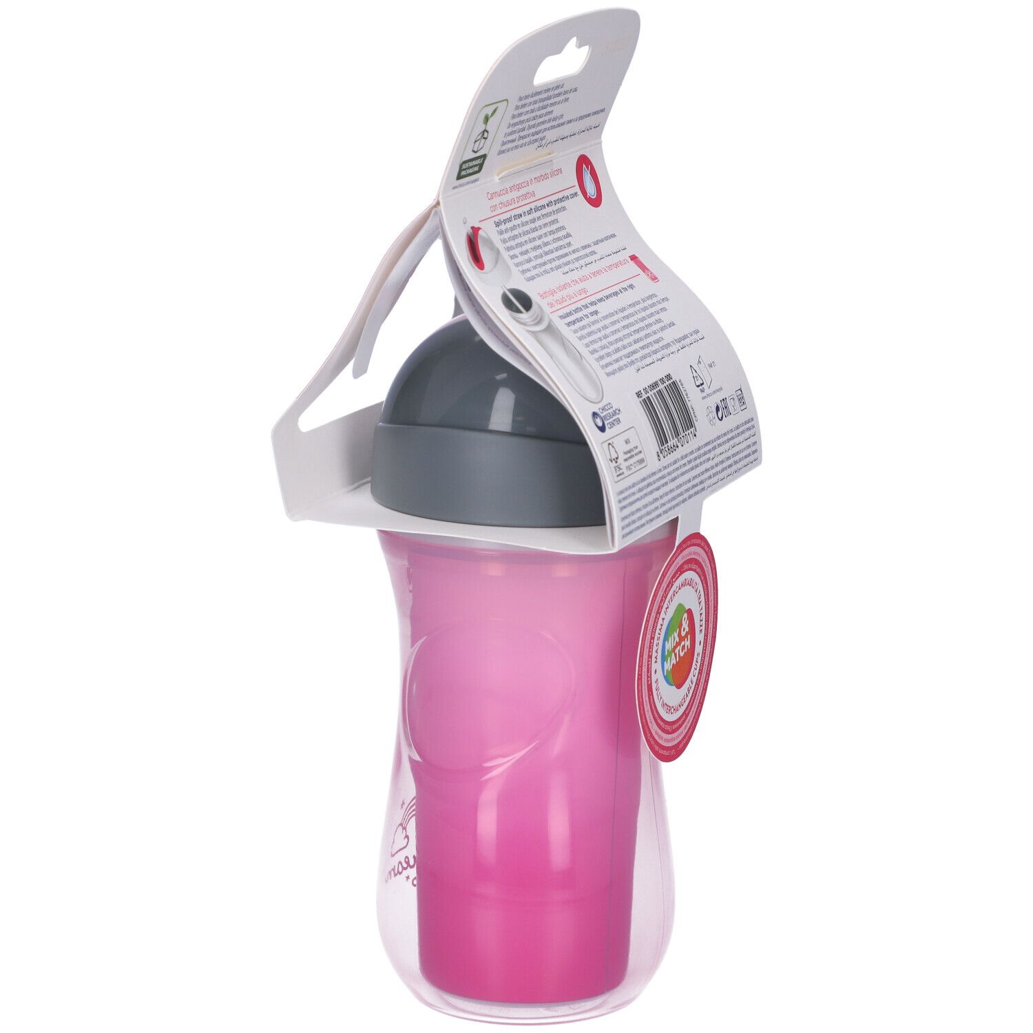 Tazza Sport rosa Chicco, 14m+. Bottiglia isolante con coperchio. Confezionata in una custodia trasparente con cartone.