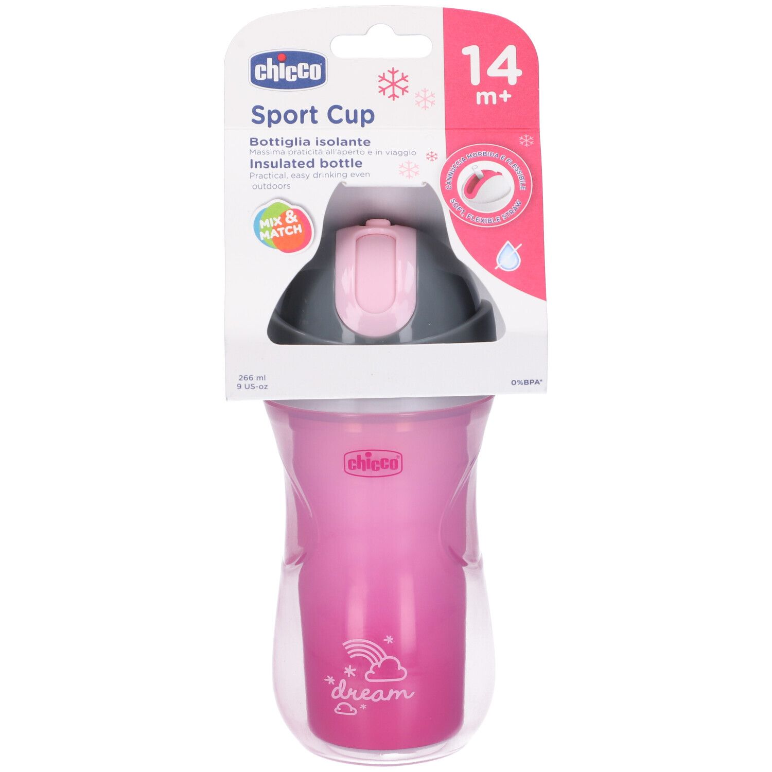 Tazza Sport rosa Chicco, 14m+. Bottiglia isolante con coperchio. Confezionata in una custodia trasparente con cartone. Stampa: dream.