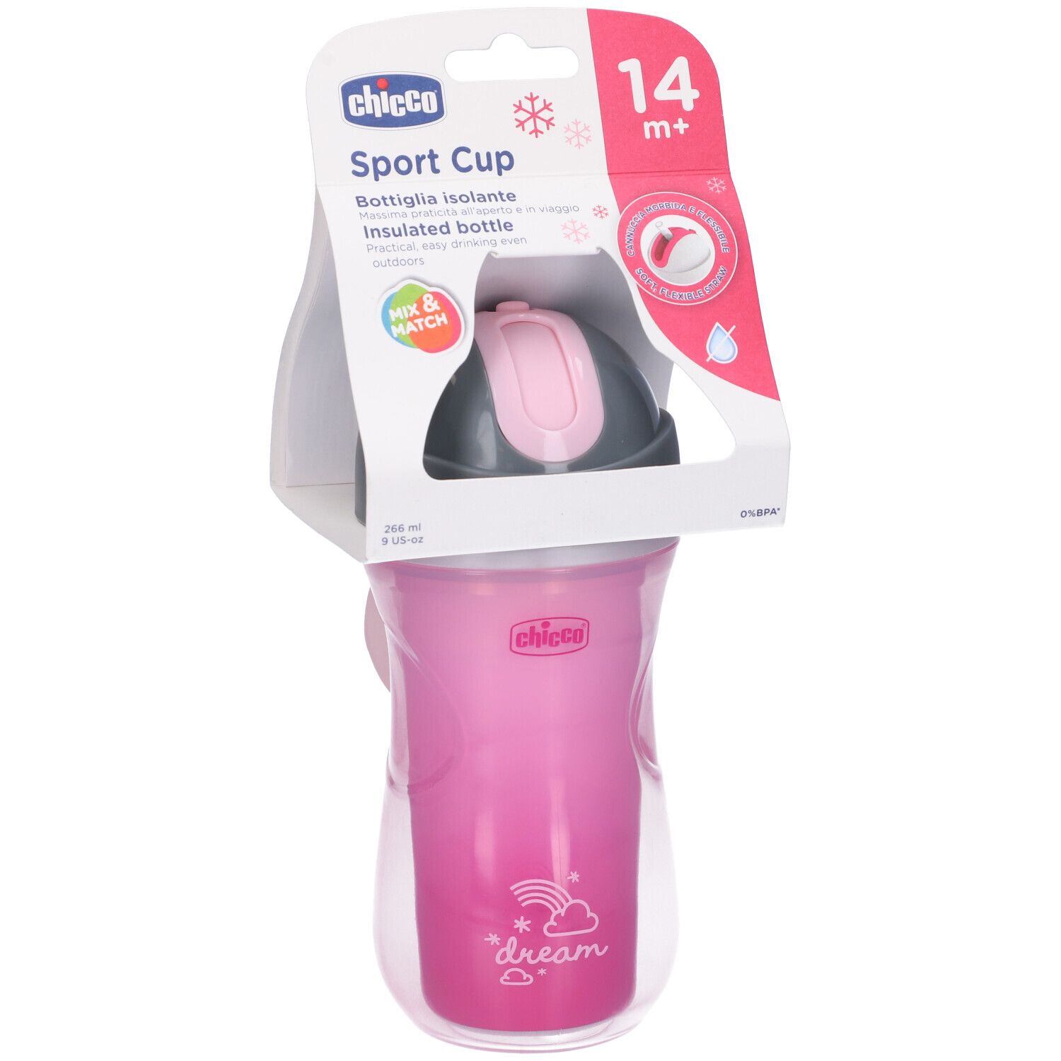 Tazza Sport rosa Chicco, 14m+. Bottiglia isolante con coperchio. Confezionata in una custodia trasparente con cartone. Stampa: dream.