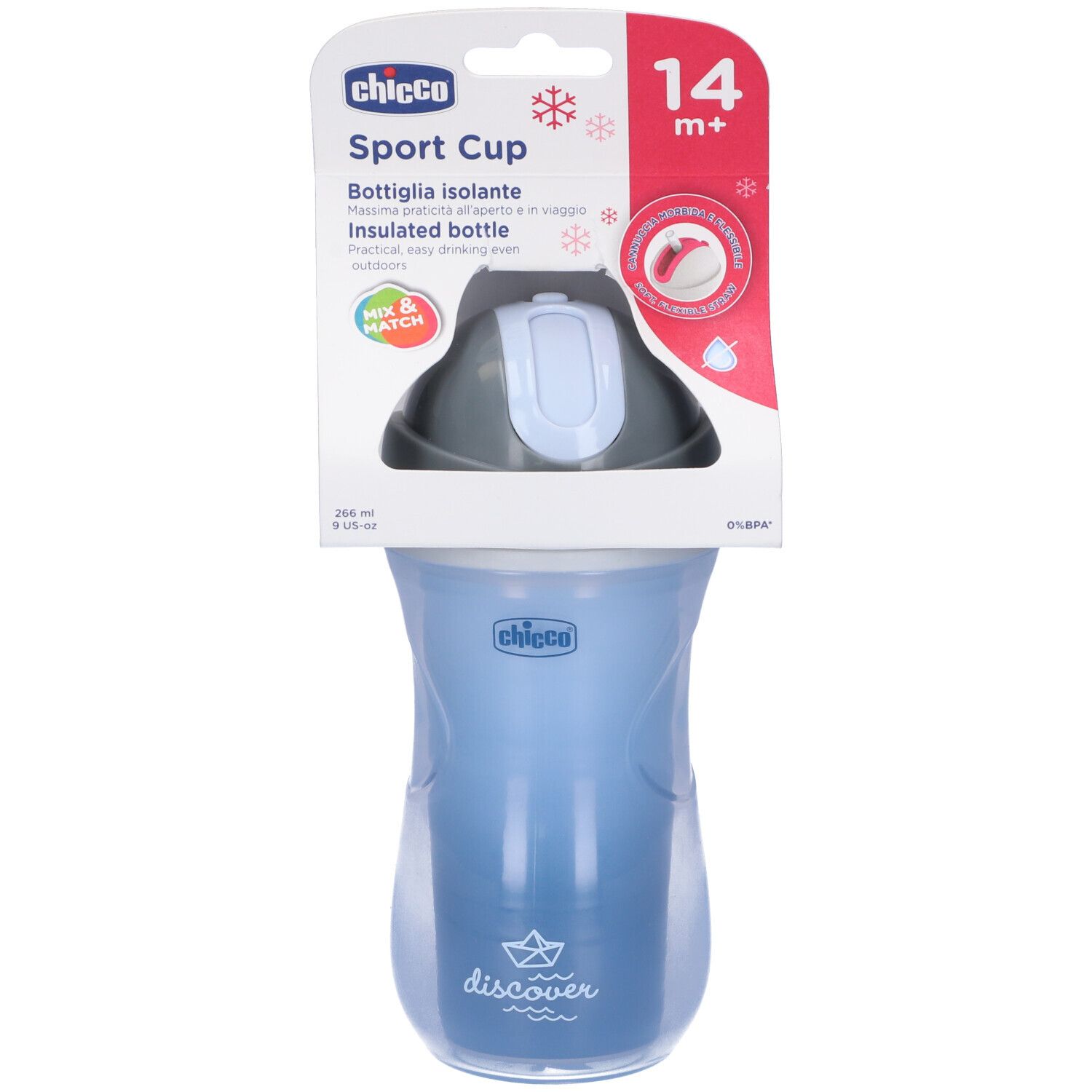 Borraccia sport isolante in confezione. Bicchiere azzurro, coperchio grigio. Logo "chicco" e indicazione età 14m+.