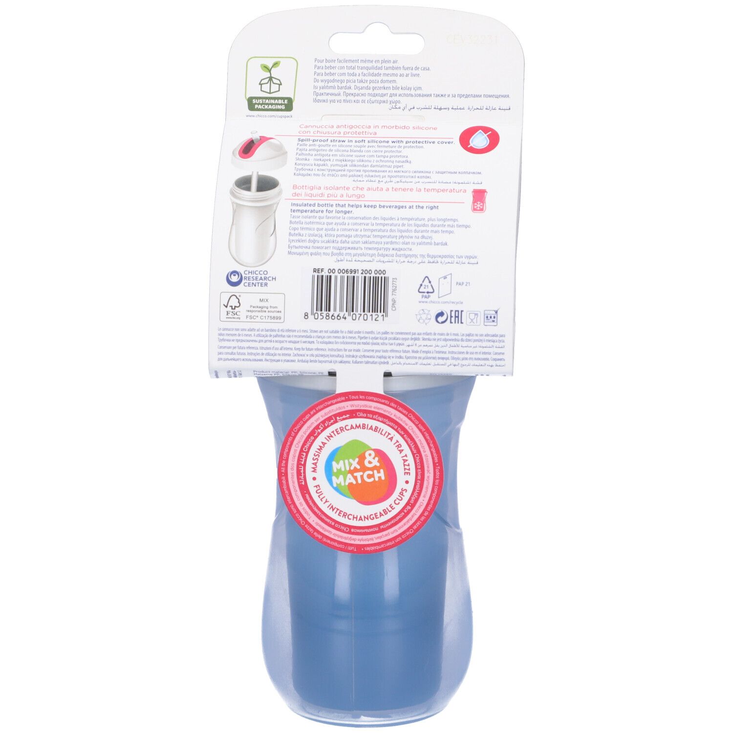 Retro della confezione della borraccia. Bicchiere azzurro, coperchio grigio. Testo e loghi, tra cui "Mix & Match".