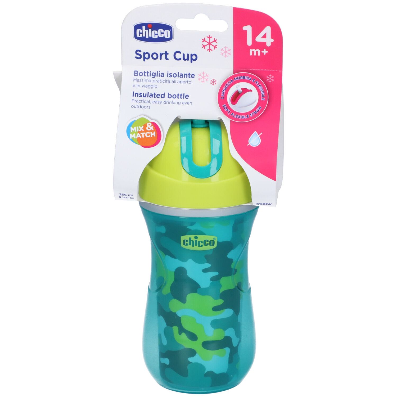 Bicchiere sport isolante con coperchio verde. Confezione con logo "Chicco" e raccomandazione d'età 14m+.
