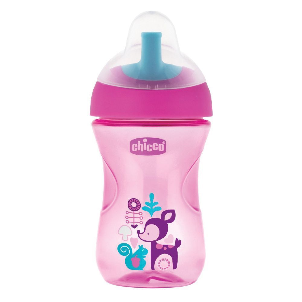Tazza rosa con coperchio blu, illustrazioni di animali. Marchio Chicco. Per bambini dai 12 mesi.