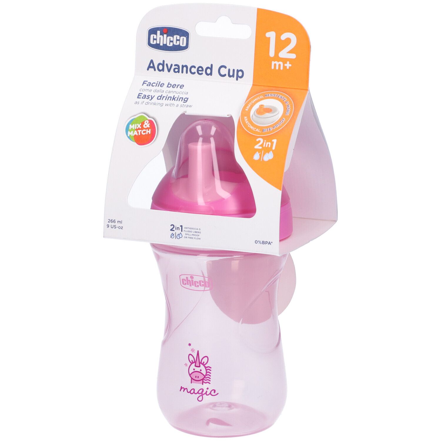 Chicco Advanced Cup rosa, 12m+. Confezione con prodotto, funzione 2-in-1. Nome e logo del prodotto visibili.
