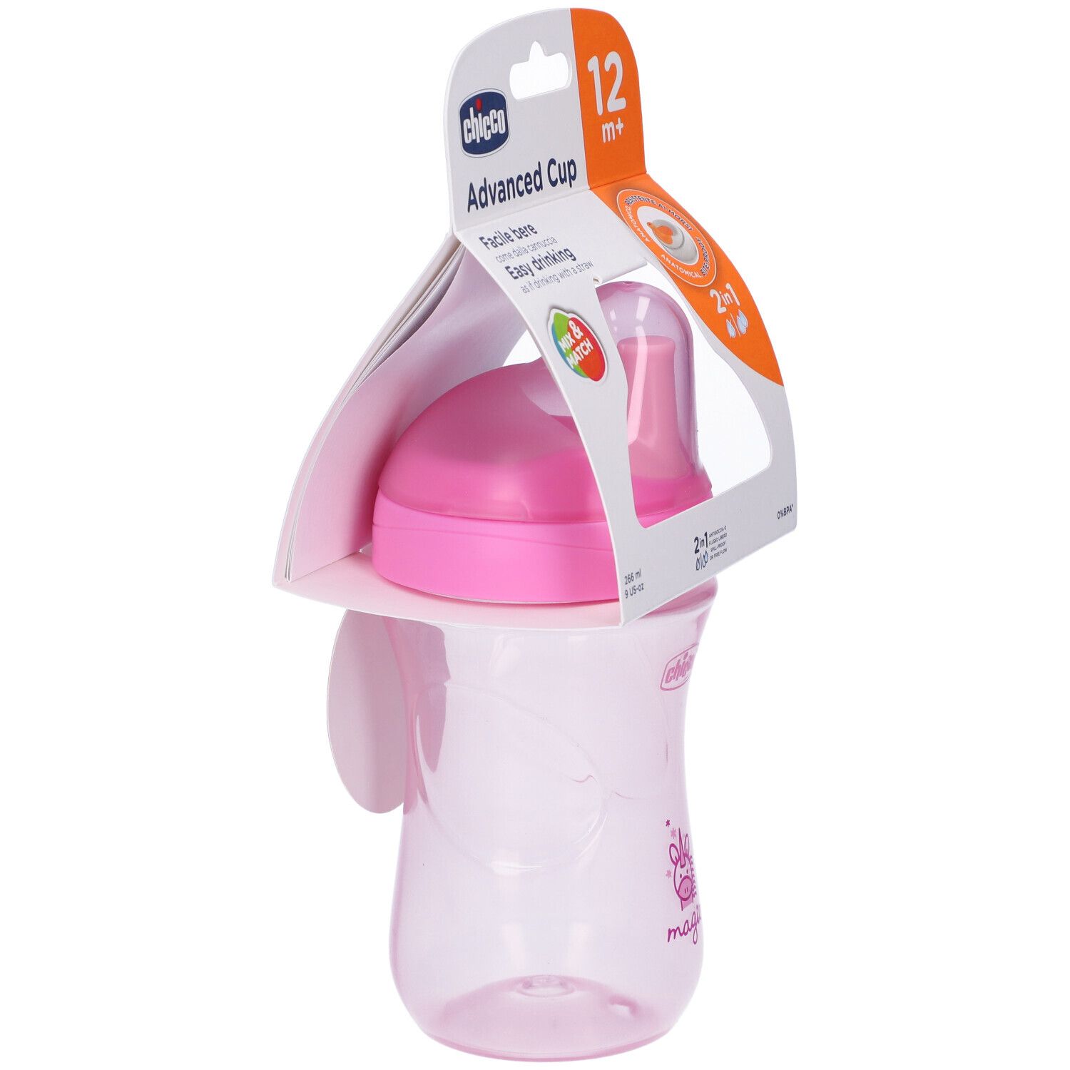 Chicco Advanced Cup rosa, 12m+. Confezione con prodotto, funzione 2-in-1. Nome e logo del prodotto visibili.