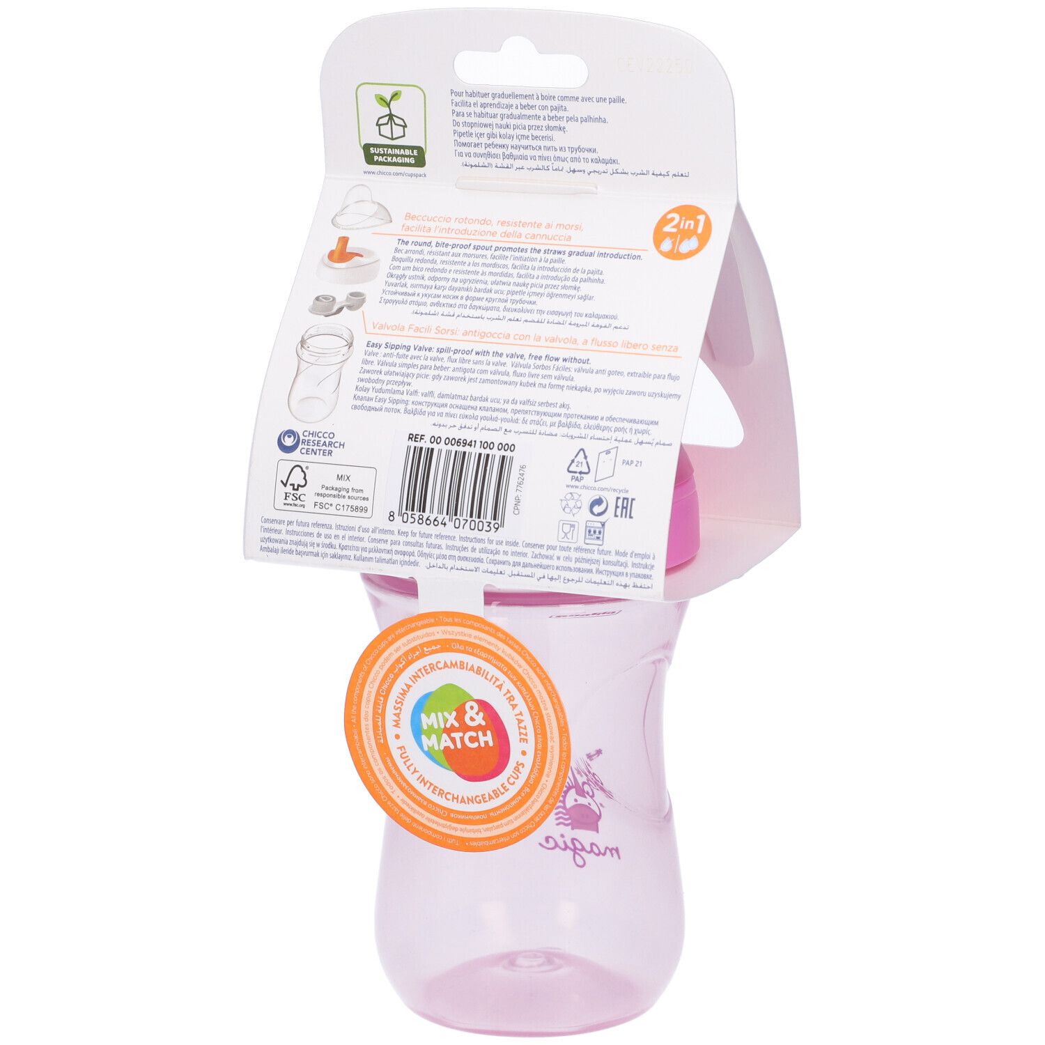 Retro della confezione. Chicco Advanced Cup rosa, 12m+. Funzione 2-in-1. Informazioni e loghi del prodotto.